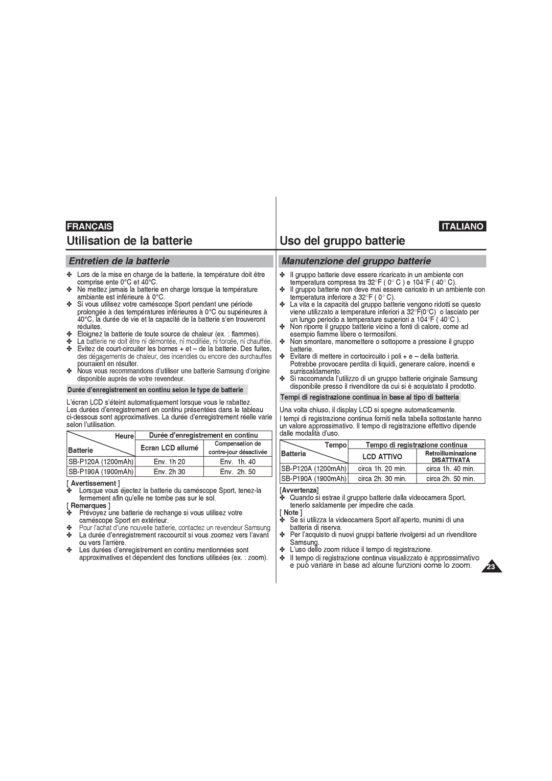 Samsung VP-X220L/XET, VP-X210L/XEF manual Utilisation de la batterie Uso del gruppo batterie, Entretien de la batterie 