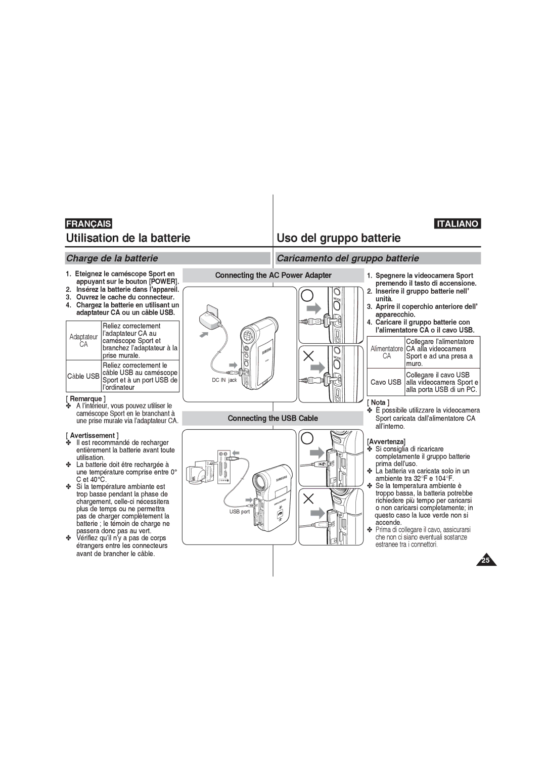 Samsung VP-X220L/XEF, VP-X210L/XEF manual Utilisation de la batterie, Charge de la batterie, Caricamento del gruppo batterie 