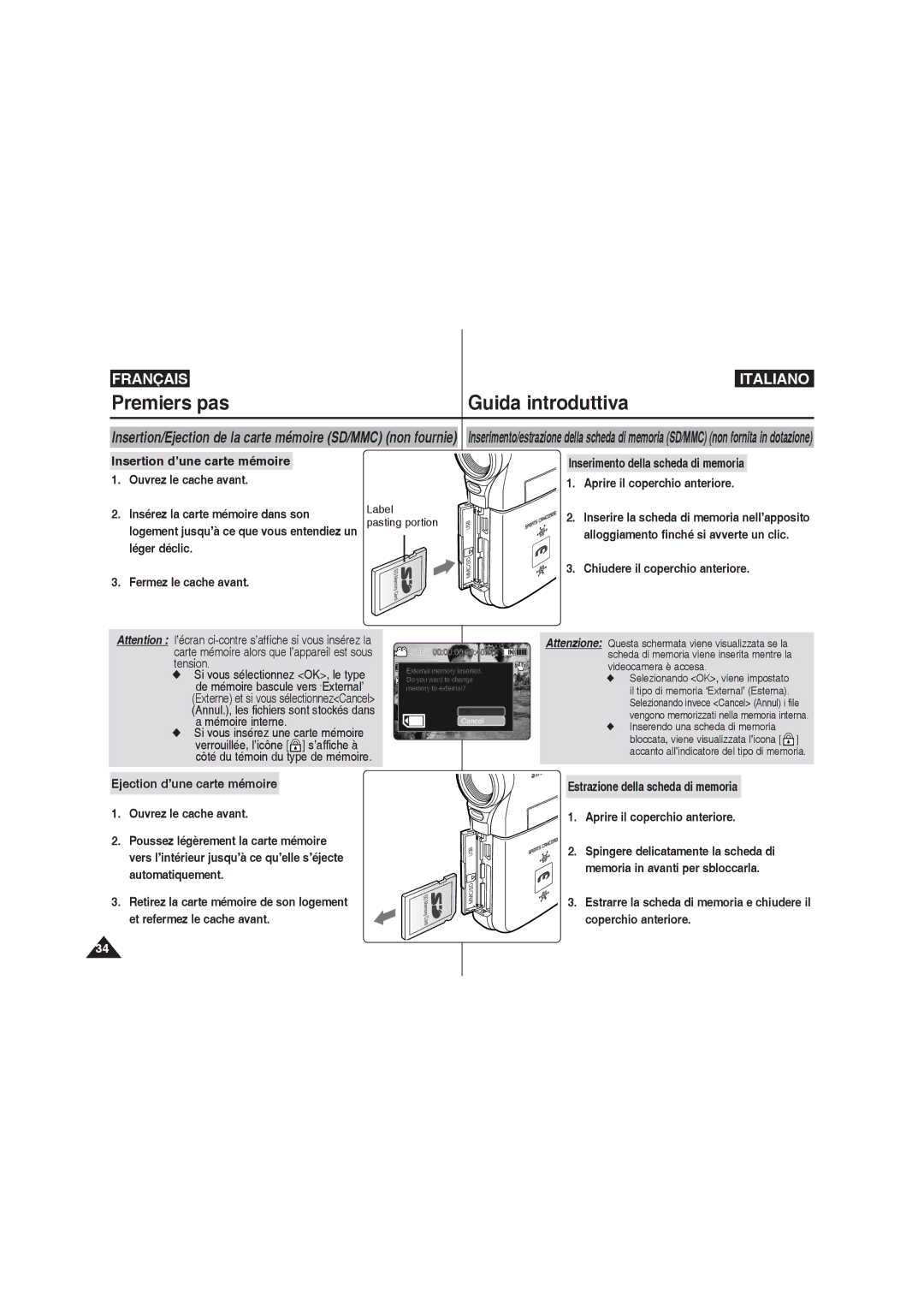 Samsung VP-X210L/XET manual Chiudere il coperchio anteriore, Si vous sélectionnez OK, le type, Label Pasting portion 