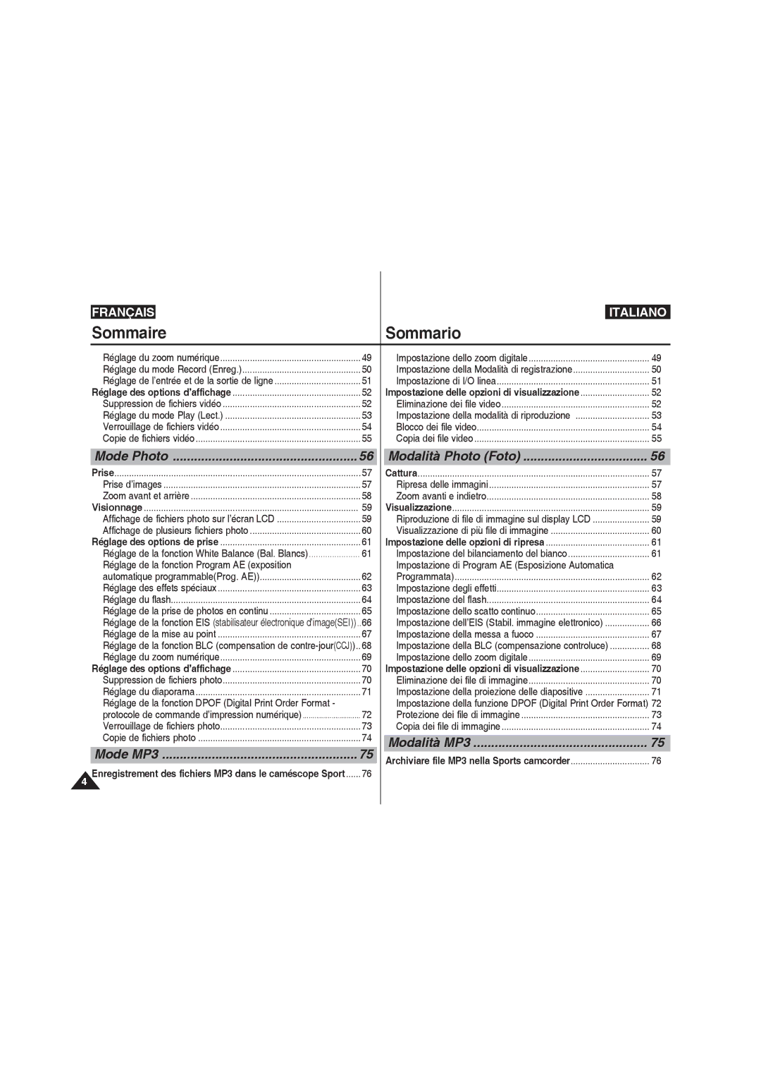 Samsung VP-X210L/XEF manual Réglage de la fonction Program AE exposition, Impostazione di Program AE Esposizione Automatica 