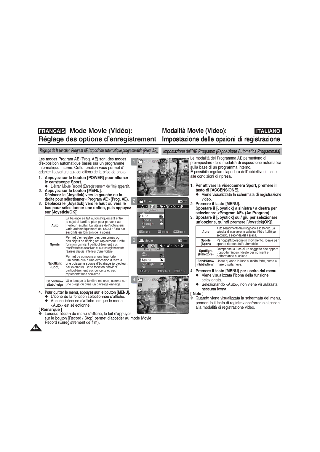 Samsung VP-X210L/XEF, VP-X220L/XEF, VP-X210L/XET Réglage des options d’enregistrement, Le caméscope Sport, Sur JoystickOK 