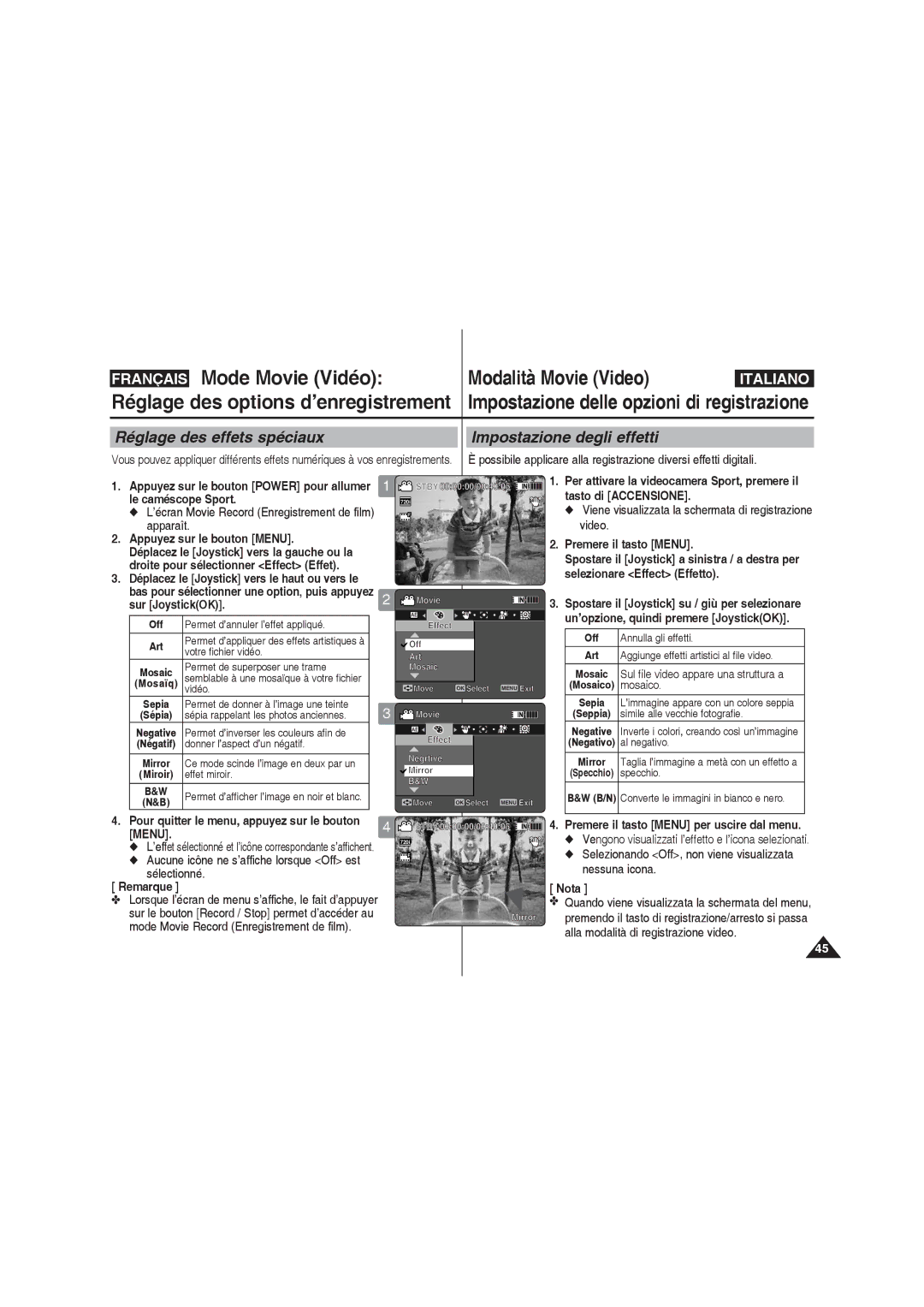 Samsung VP-X220L/XEF, VP-X210L/XEF manual Réglage des effets spéciaux Impostazione degli effetti, Sélectionné, Mosaico 