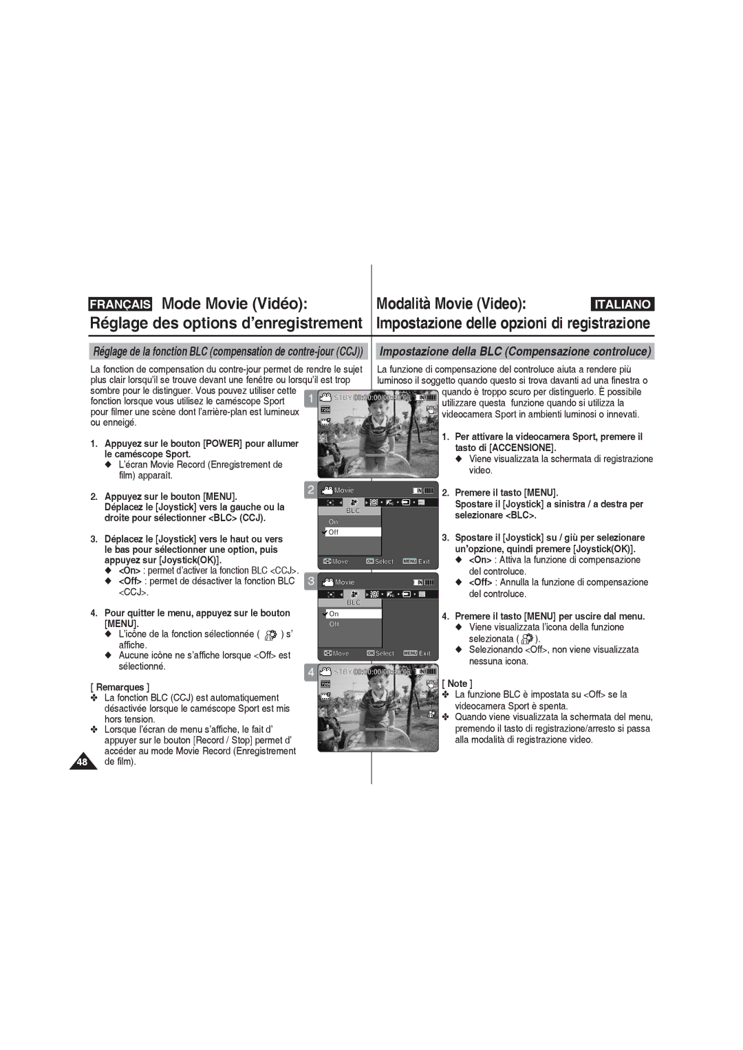 Samsung VP-X210L/XEF, VP-X220L/XEF, VP-X210L/XET, VP-X220L/XET manual Off permet de désactiver la fonction BLC CCJ, De film 