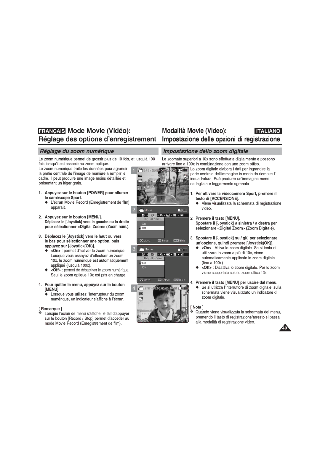 Samsung VP-X220L/XEF Réglage du zoom numérique Impostazione dello zoom digitale, Appuyez sur JoystickOK, Zoom digitale 