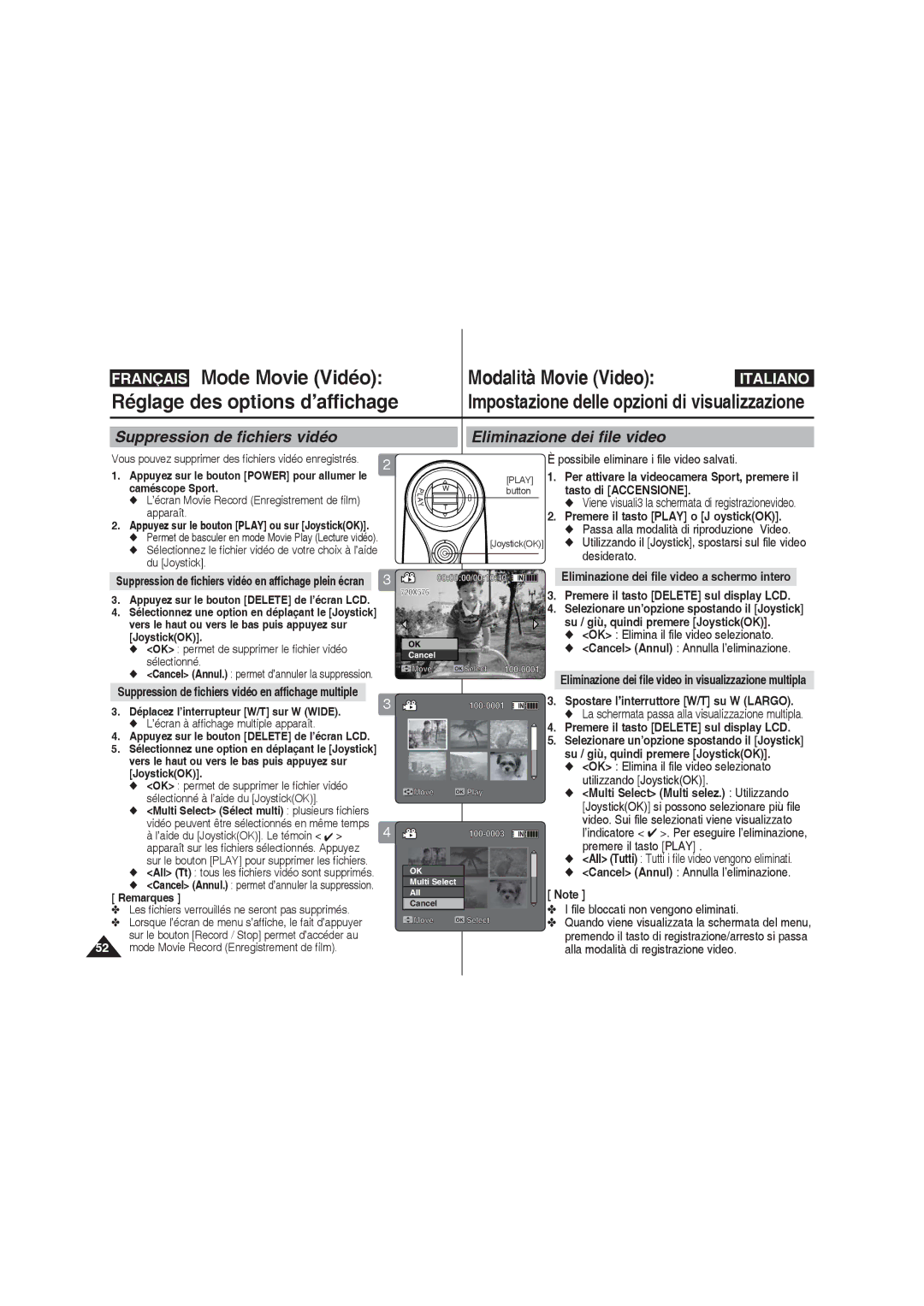 Samsung VP-X210L/XEF manual Réglage des options d’affichage, Suppression de fichiers vidéo Eliminazione dei file video 