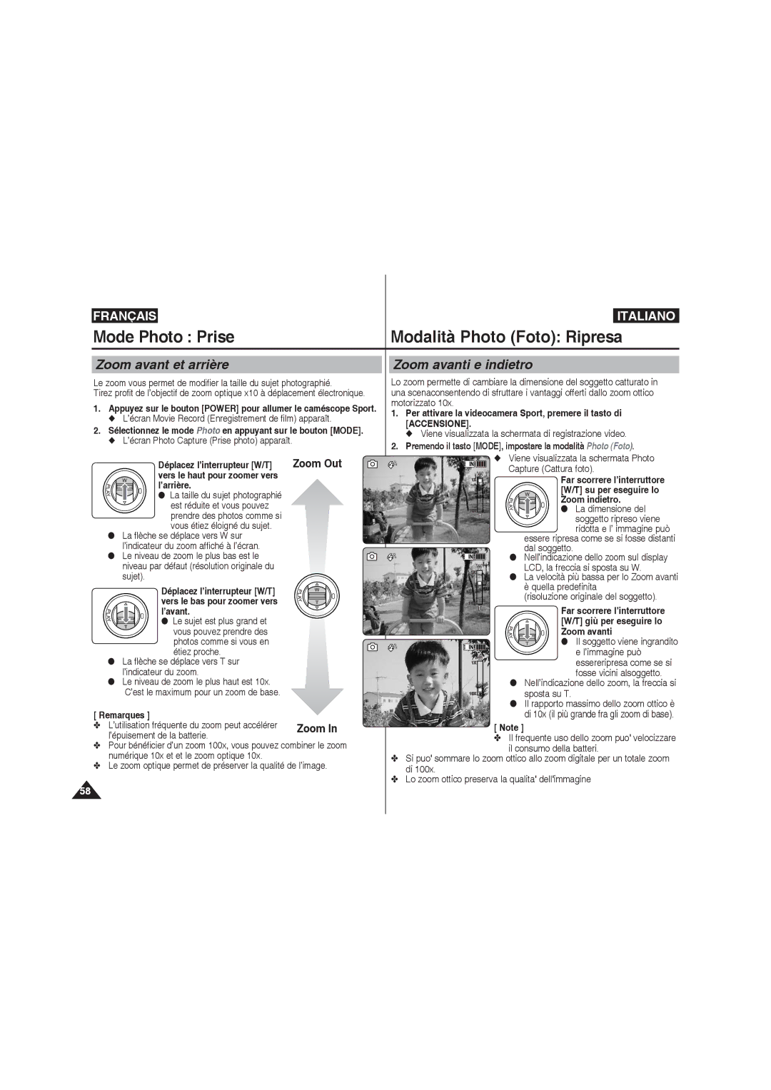 Samsung VP-X210L/XET, VP-X210L/XEF manual ’arrière Su per eseguire lo, Zoom indietro, ’avant, Zoom avanti, Sepia Note 