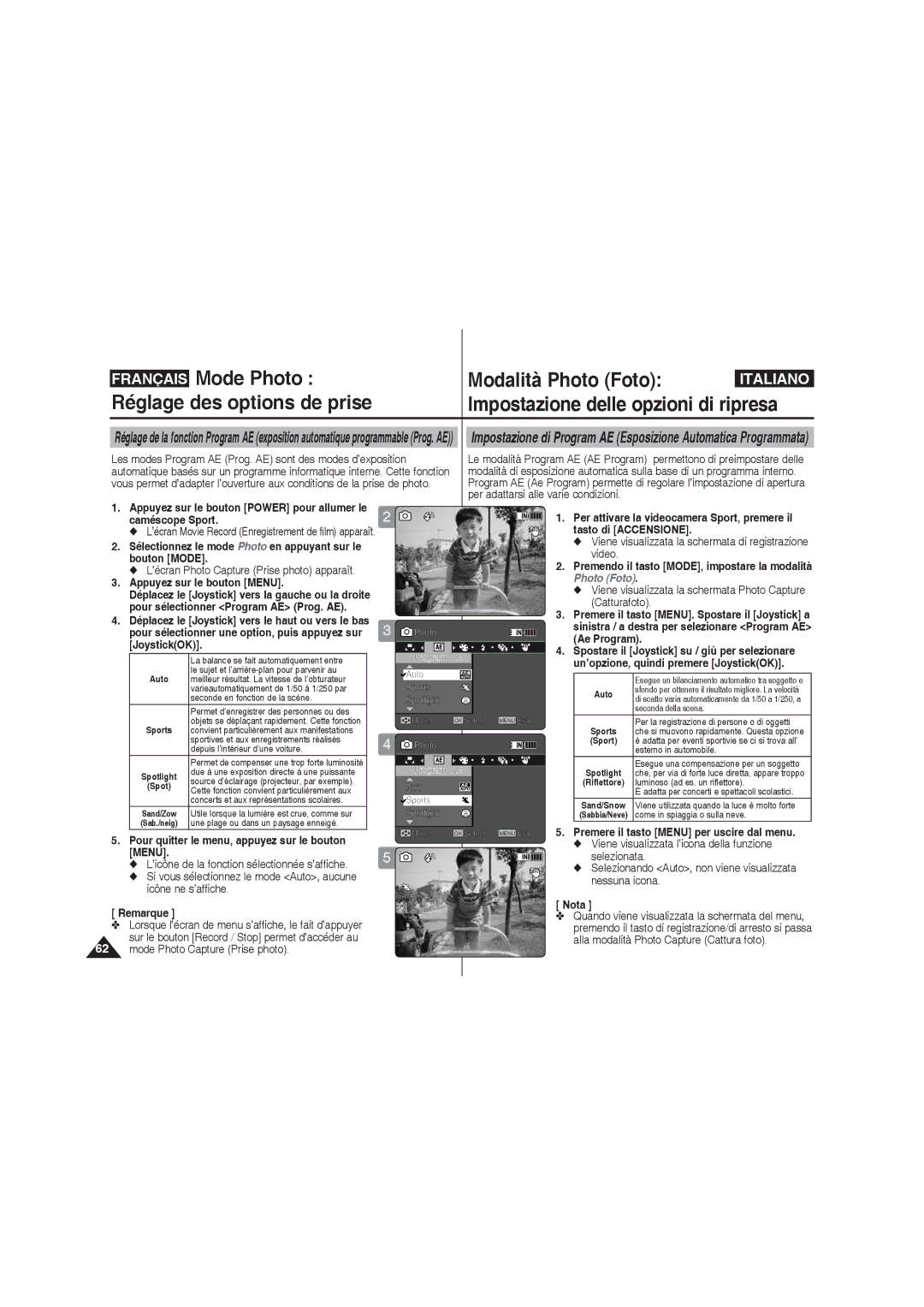 Samsung VP-X210L/XET manual Bouton Mode, Pour sélectionner Program AE Prog. AE, JoystickOK Ae Program, Nota Remarque 