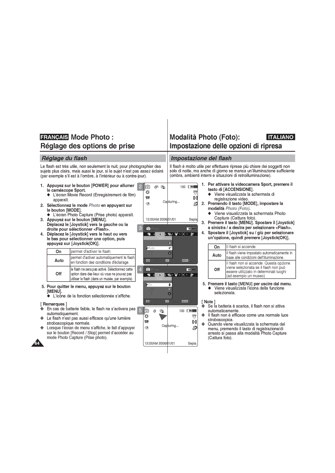 Samsung VP-X210L/XEF, VP-X220L/XEF, VP-X210L/XET, VP-X220L/XET manual Réglage du flash, Impostazione del flash 