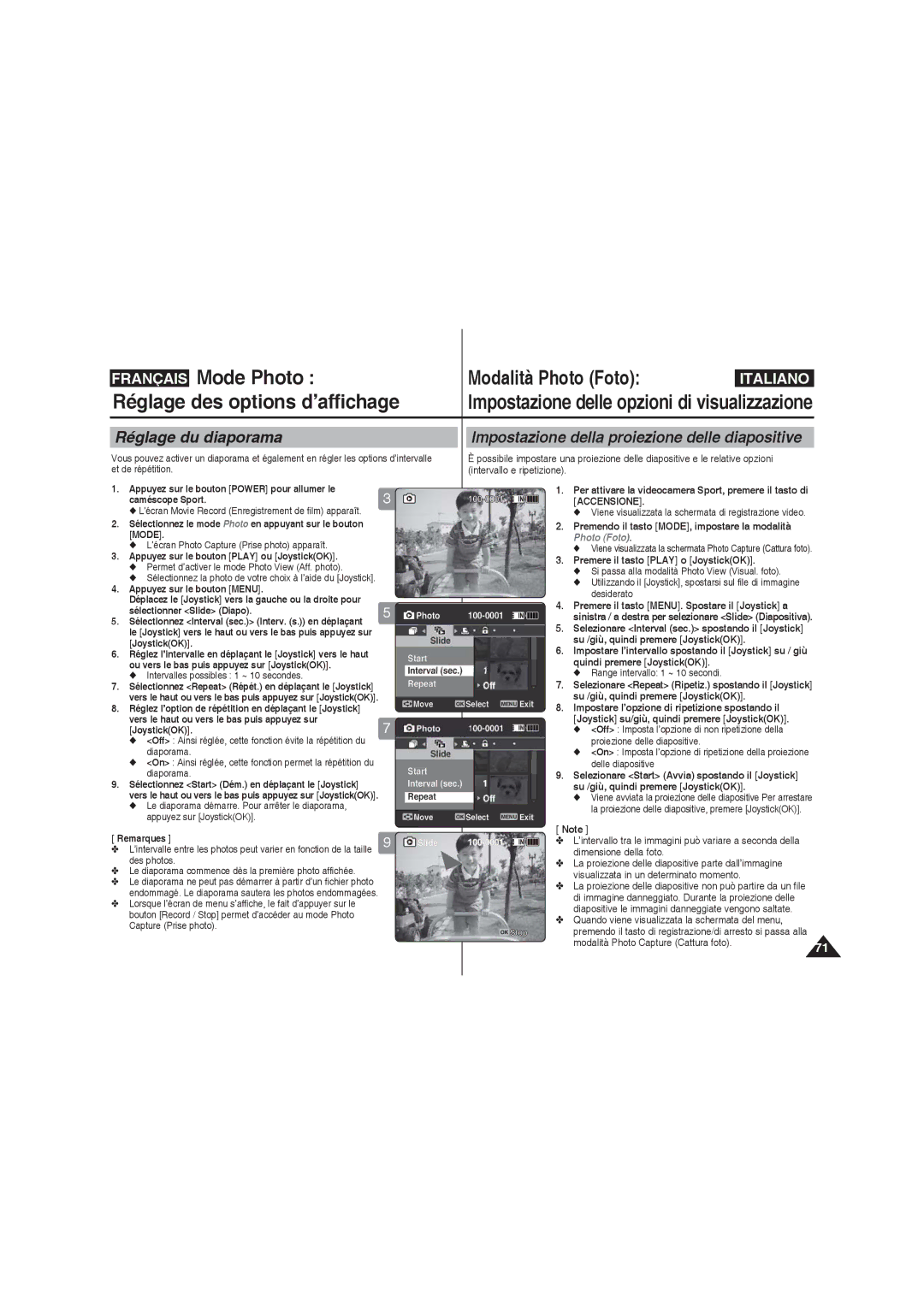 Samsung VP-X220L/XET, VP-X210L/XEF, VP-X220L/XEF manual Réglage du diaporama, Impostazione della proiezione delle diapositive 