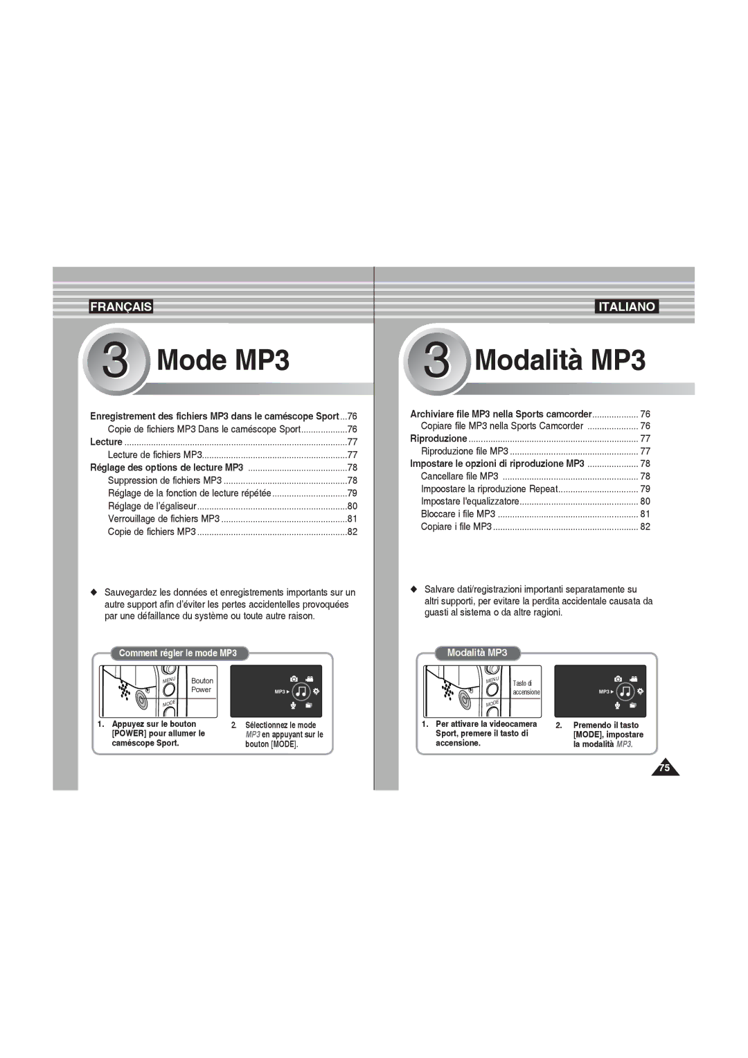 Samsung VP-X220L/XET, VP-X210L/XEF manual Copie de fichiers MP3 Dans le caméscope Sport, Impoostare la riproduzione Repeat 