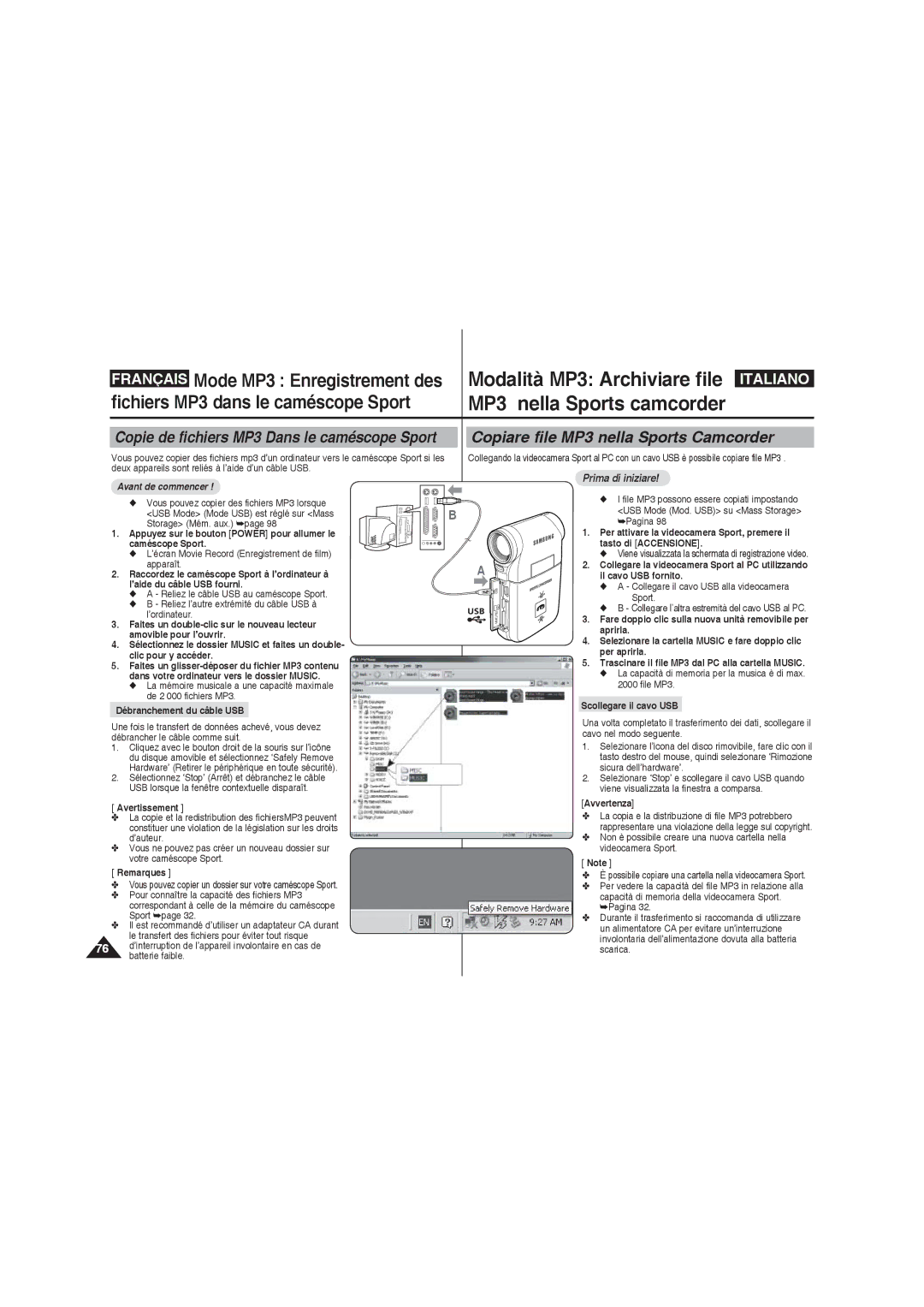 Samsung VP-X210L/XEF Modalità MP3 Archiviare file, MP3 nella Sports camcorder, Débranchement du câble USB, Avertissement 
