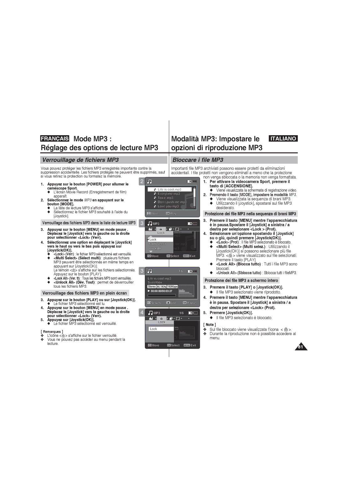 Samsung VP-X220L/XEF, VP-X210L/XEF, VP-X210L/XET, VP-X220L/XET manual Verrouillage de fichiers MP3 Bloccare i file MP3 