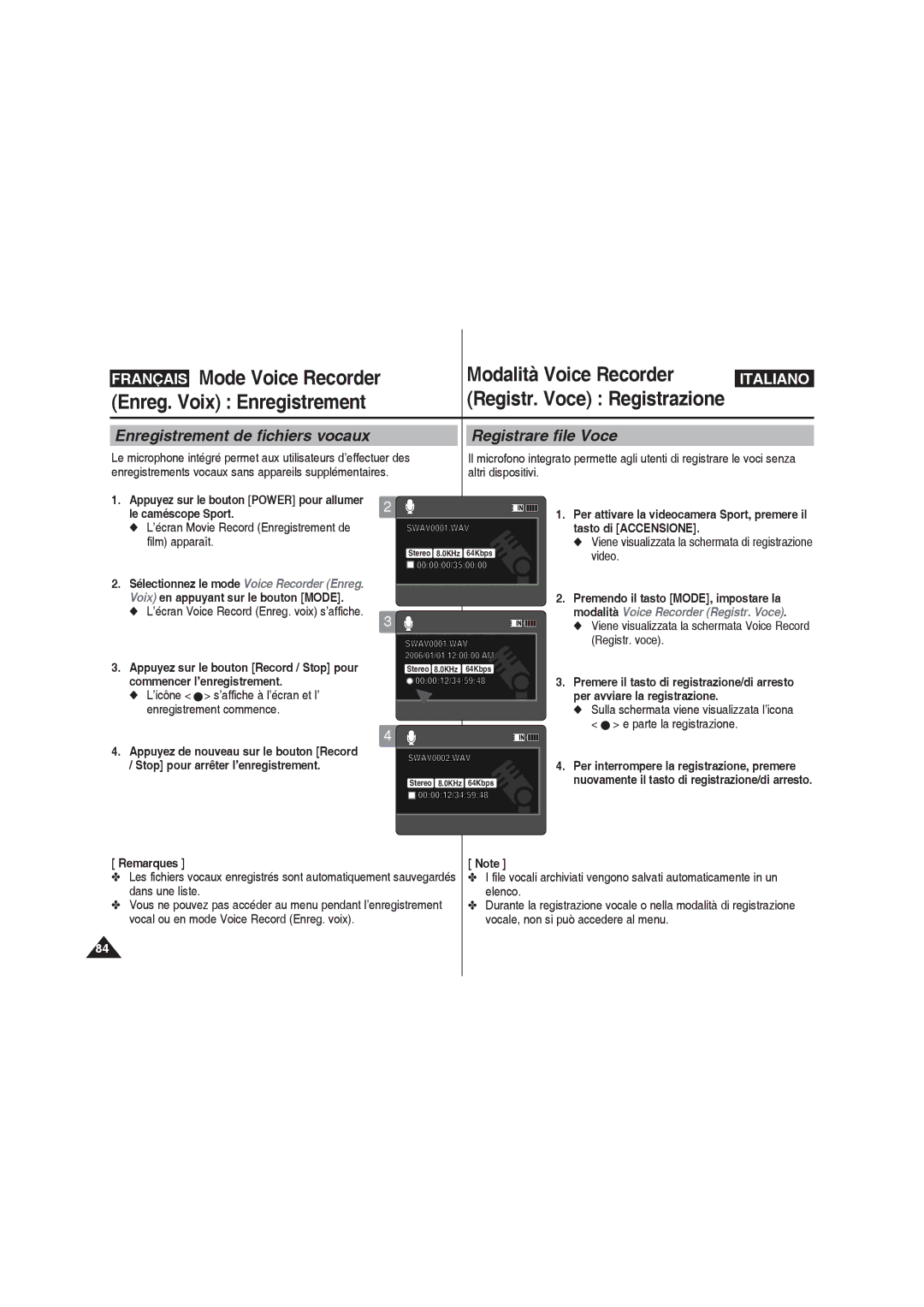 Samsung VP-X210L/XEF, VP-X220L/XEF, VP-X210L/XET Mode Voice Recorder Modalità Voice Recorder, Enreg. Voix Enregistrement 