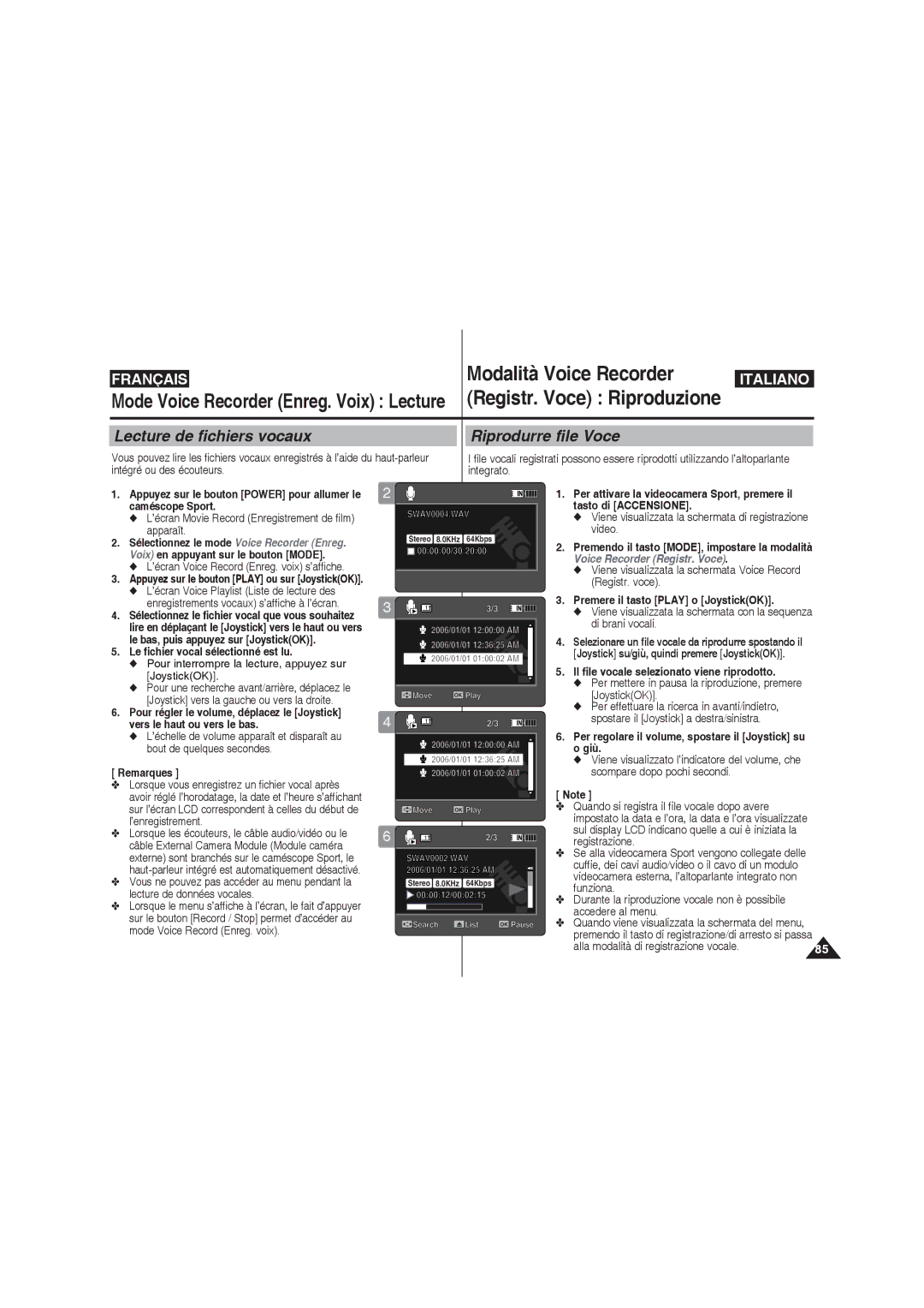 Samsung VP-X220L/XEF, VP-X210L/XEF, VP-X210L/XET, VP-X220L/XET manual Lecture de fichiers vocaux Riprodurre file Voce 