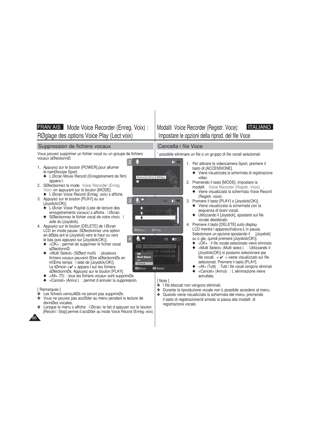 Samsung VP-X210L/XET, VP-X210L/XEF Suppression de fichiers vocaux Cancella i file Voce, Le bas puis appuyez sur JoystickOK 