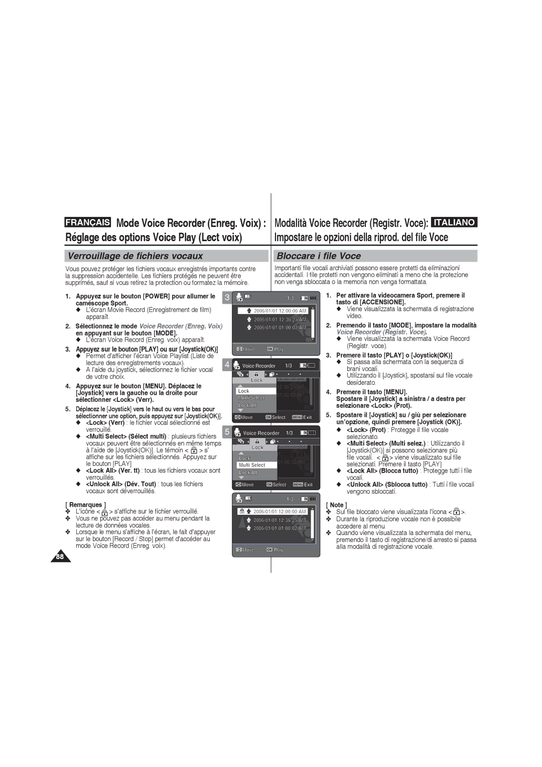 Samsung VP-X210L/XEF Verrouillage de fichiers vocaux, Bloccare i file Voce, Lock Prot Protegge il file vocale selezionato 