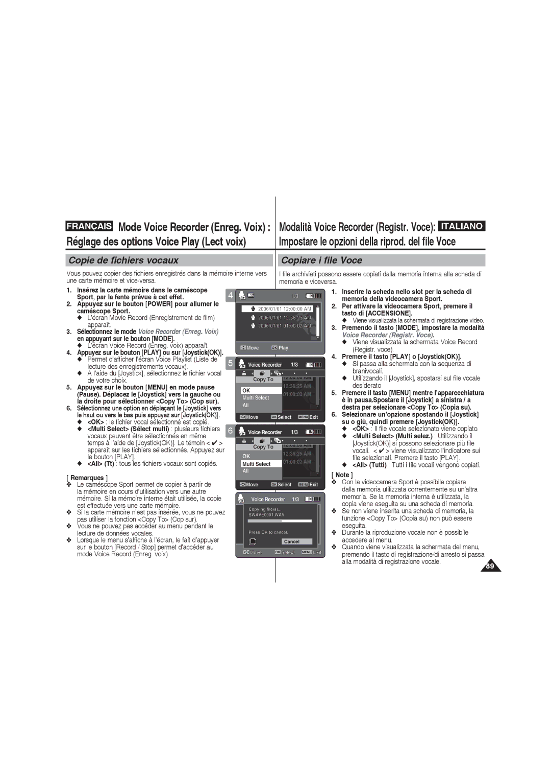 Samsung VP-X220L/XEF manual Copie de fichiers vocaux, Copiare i file Voce, OK Il file vocale selezionato viene copiato 