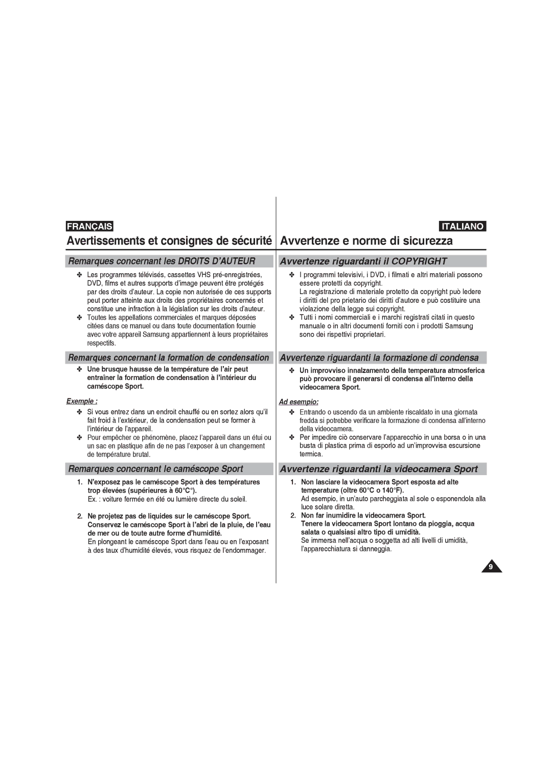 Samsung VP-X220L/XEF, VP-X210L/XEF manual Remarques concernant les Droits D’AUTEUR, Avvertenze riguardanti il Copyright 