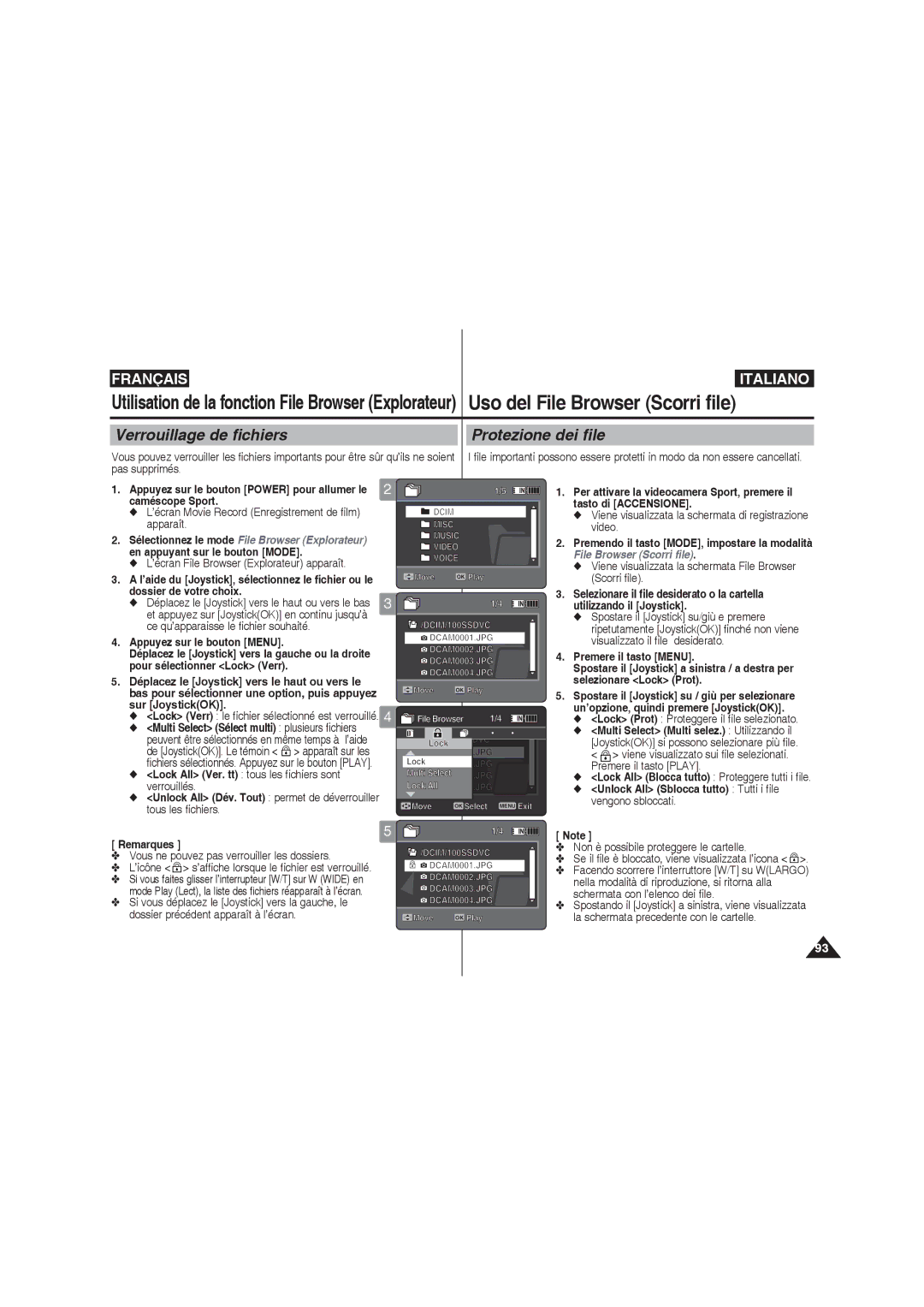 Samsung VP-X220L/XEF, VP-X210L/XEF, VP-X210L/XET, VP-X220L/XET manual Verrouillage de fichiers, Protezione dei file 