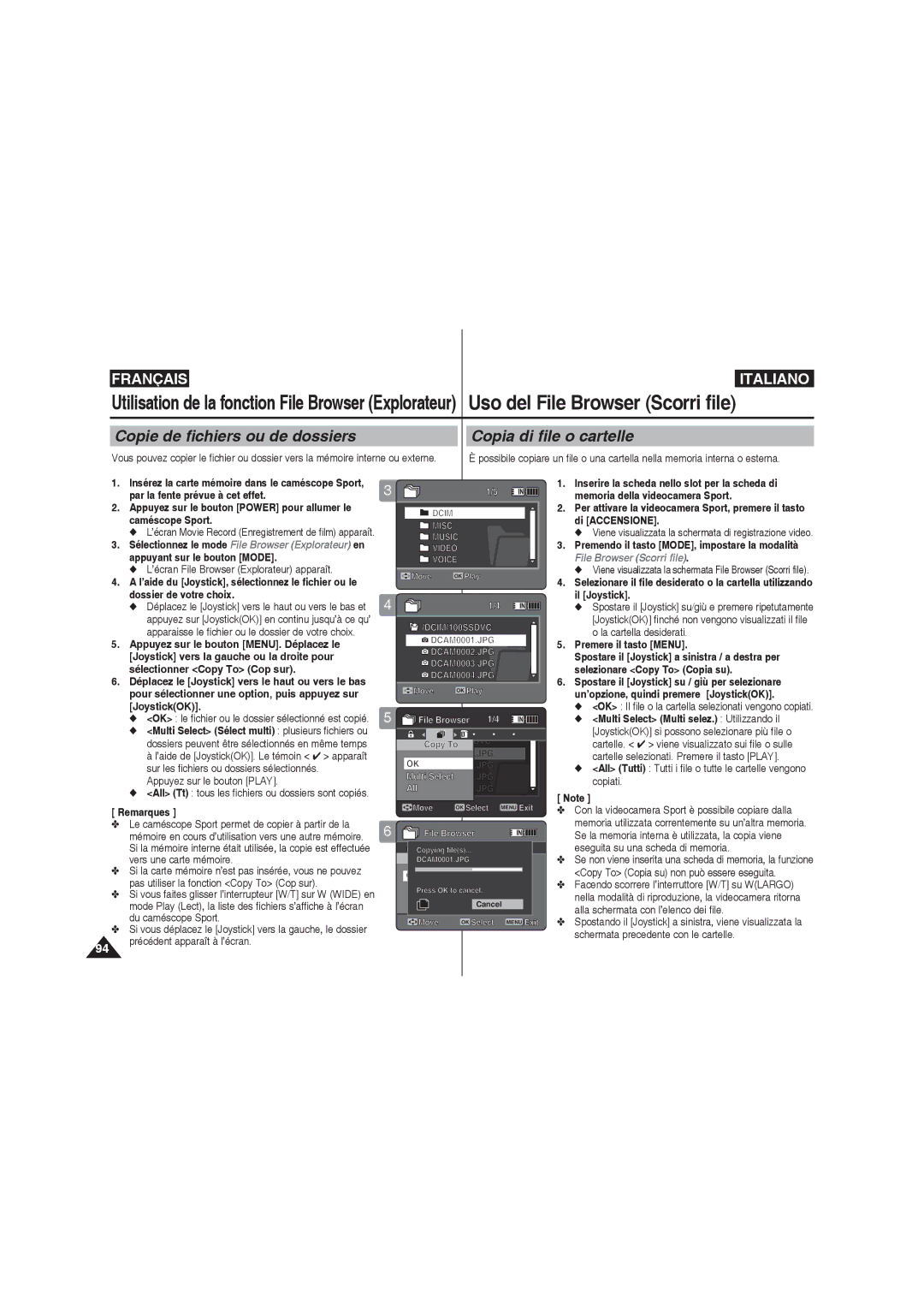 Samsung VP-X210L/XET, VP-X210L/XEF, VP-X220L/XEF, VP-X220L/XET Copie de fichiers ou de dossiers, Copia di file o cartelle 