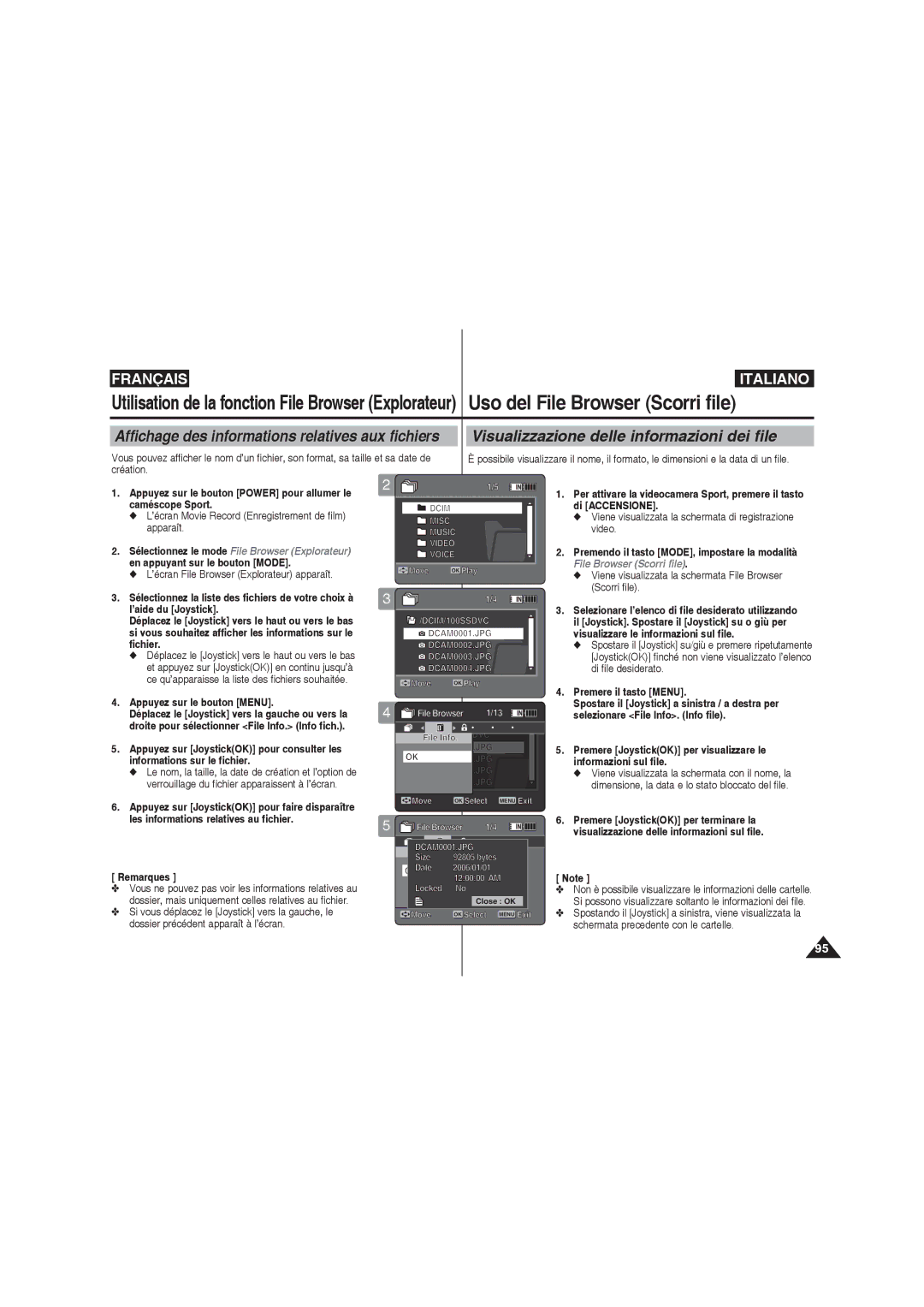 Samsung VP-X220L/XET manual Affichage des informations relatives aux fichiers, Visualizzazione delle informazioni dei file 