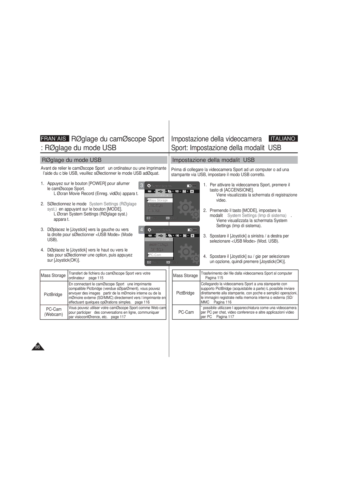 Samsung VP-X210L/XET, VP-X210L/XEF Réglage du caméscope Sport, Réglage du mode USB Impostazione della modalità USB 