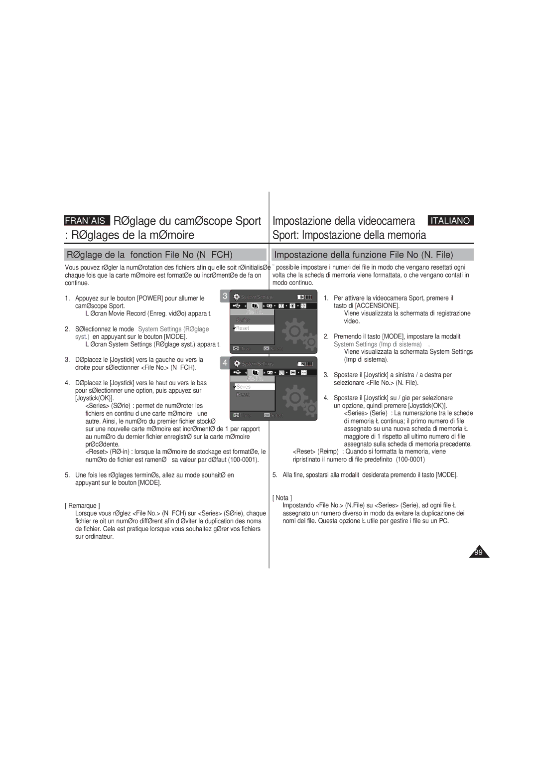 Samsung VP-X220L/XET manual Réglages de la mémoire Sport Impostazione della memoria, Réglage de la fonction File No N FCH 