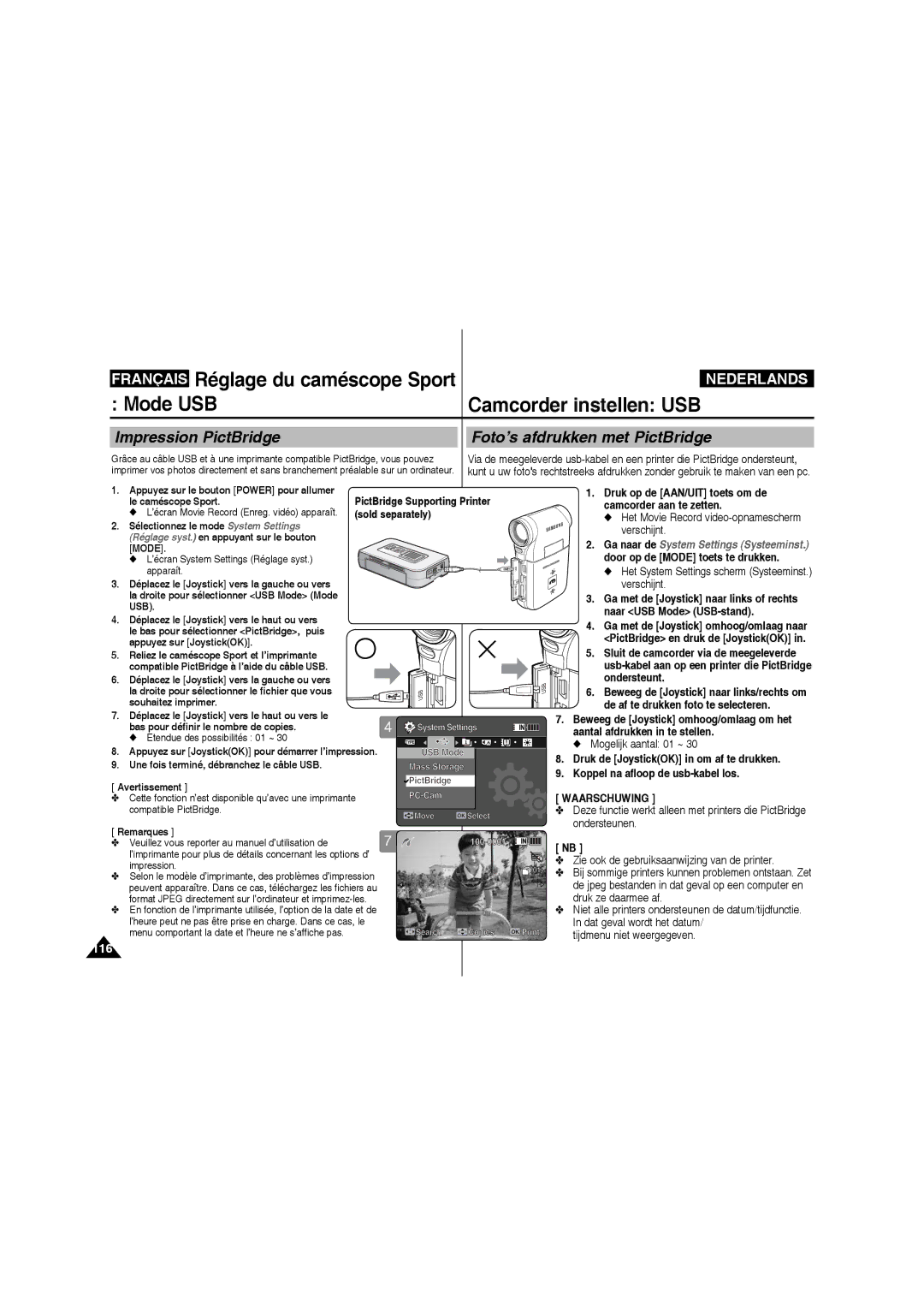 Samsung VP-X210L/XEF, VP-X220L/XEF manual Naar USB Mode USB-stand, Usb-kabel aan op een printer die PictBridge ondersteunt 