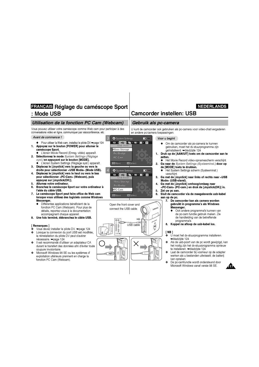 Samsung VP-X220L/XEF, VP-X210L/XEF manual Zetten Syst. en appuyant sur le bouton Mode, Pour sélectionner PC-Cam Webcam, puis 