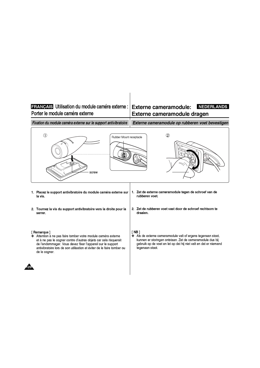 Samsung VP-X210L/XEF, VP-X220L/XEF manual Externe cameramodule dragen, Screw, Rubber Mount receptacle 