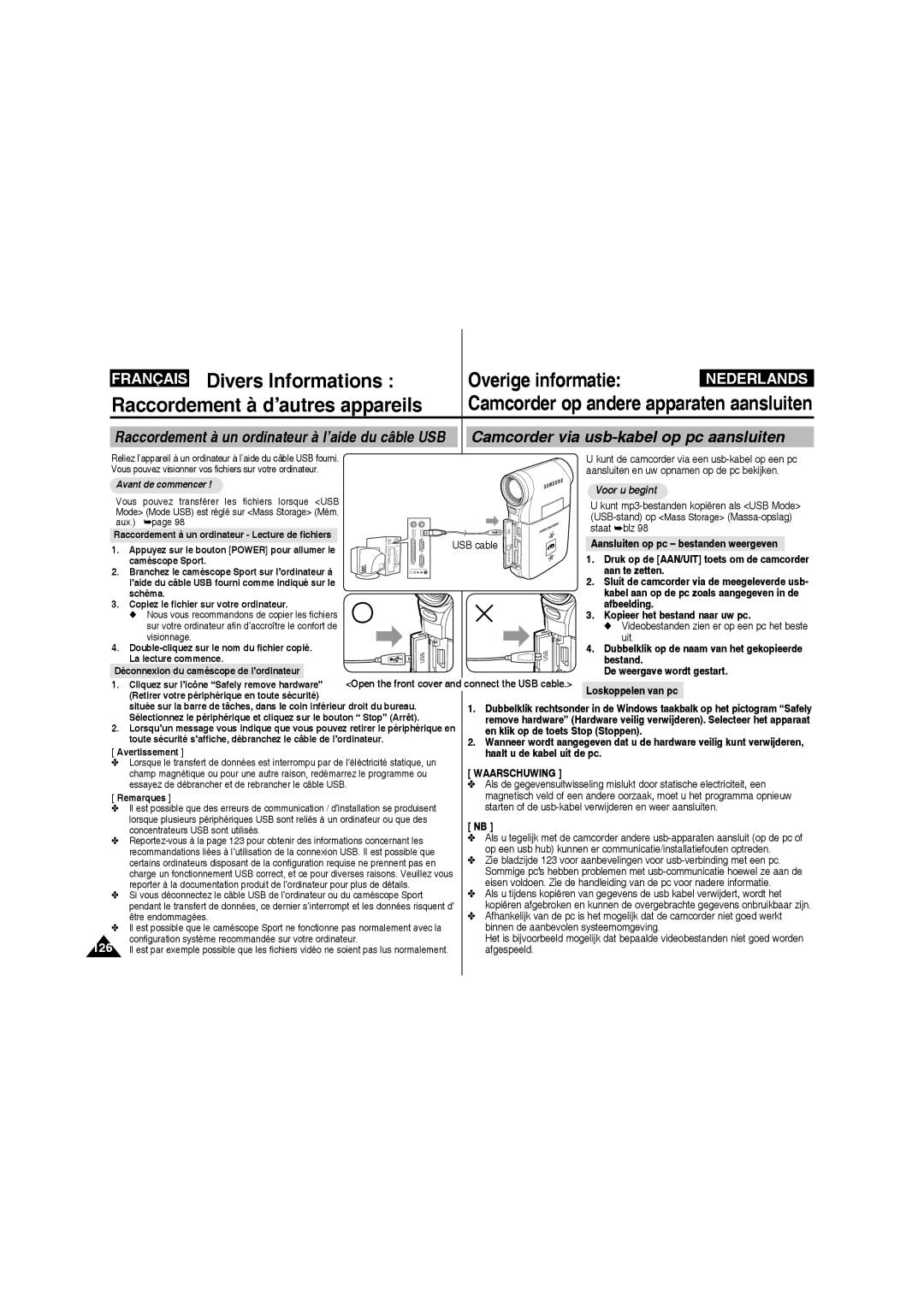 Samsung VP-X210L/XEF manual Raccordement à d’autres appareils, Camcorder via usb-kabel op pc aansluiten, Loskoppelen van pc 