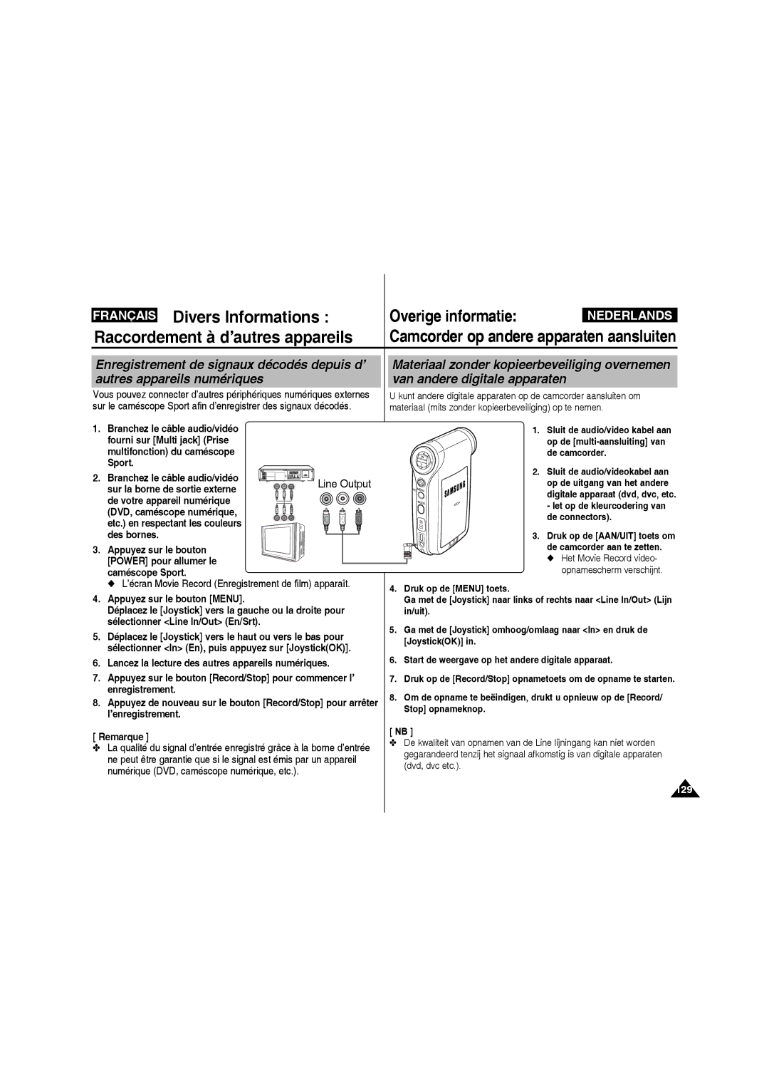 Samsung VP-X220L/XEF, VP-X210L/XEF manual Appuyez sur le bouton Power pour allumer le caméscope Sport, Dvd, dvc etc 