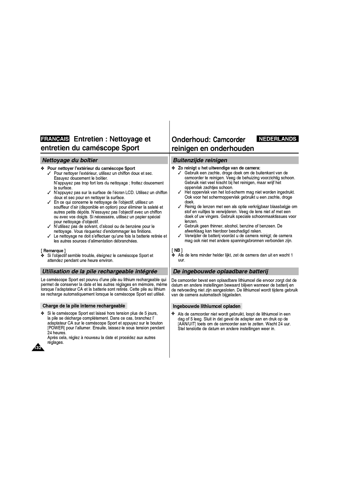 Samsung VP-X210L/XEF manual Nettoyage du boîtier, Buitenzijde reinigen, Pour nettoyer l’extérieur du caméscope Sport 