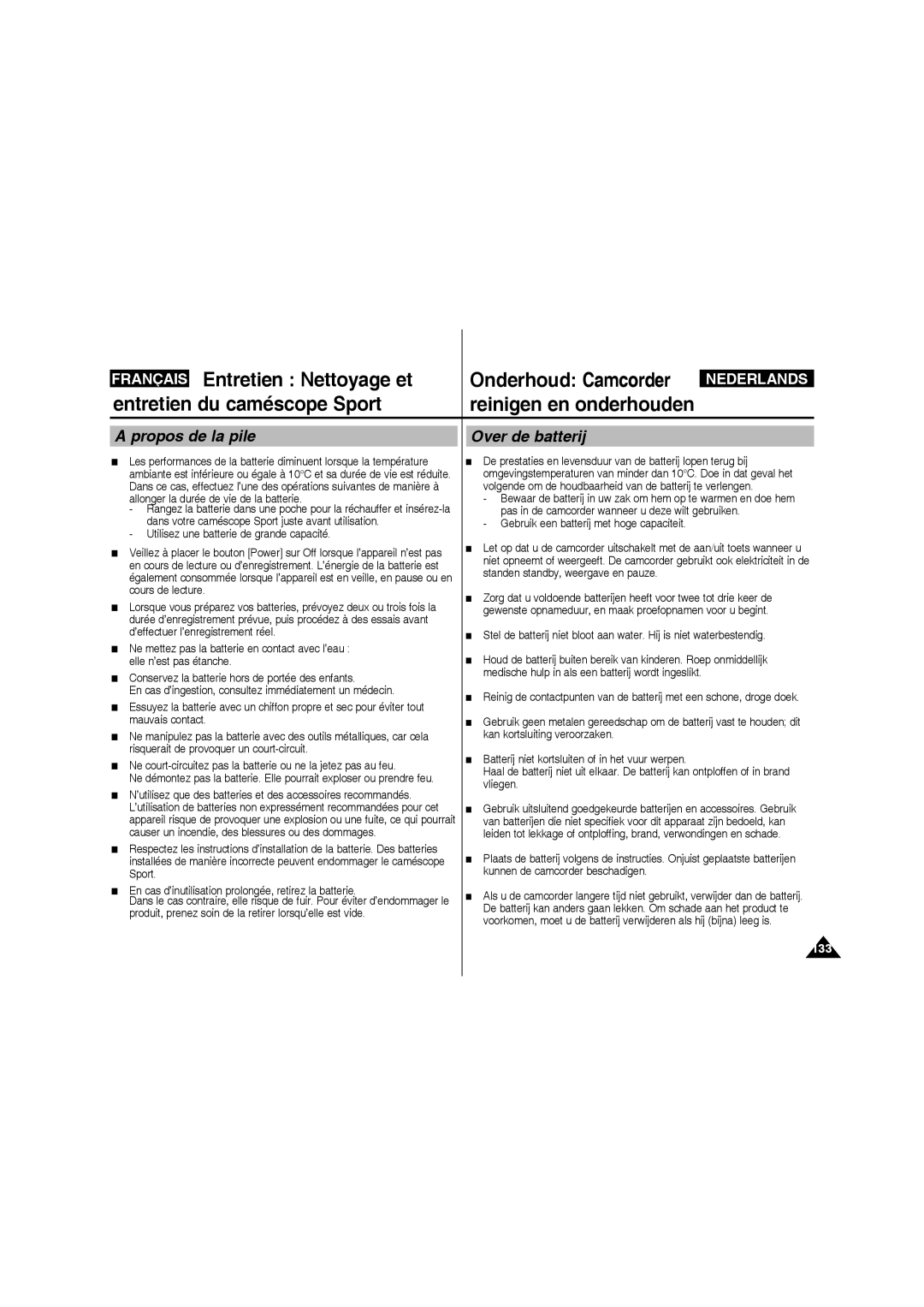 Samsung VP-X220L/XEF, VP-X210L/XEF manual Propos de la pile, Over de batterij, Gebruik een batterij met hoge capaciteit 