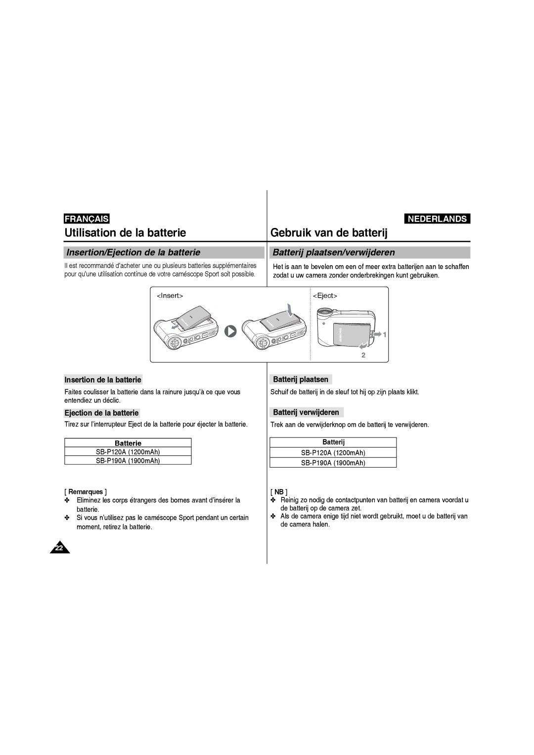 Samsung VP-X210L/XEF manual Insert Eject, SB-P120A 1200mAh SB-P190A 1900mAh, Insertion de la batterie Batterij plaatsen 