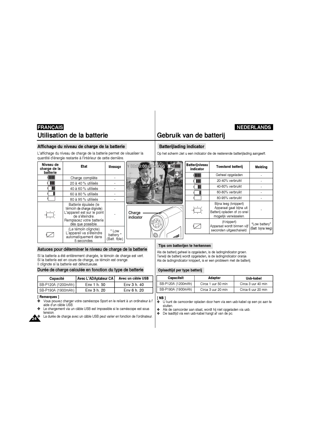 Samsung VP-X210L/XEF, VP-X220L/XEF manual Charge, Indicator, Niveau de Etat, Batterie, Capacité 