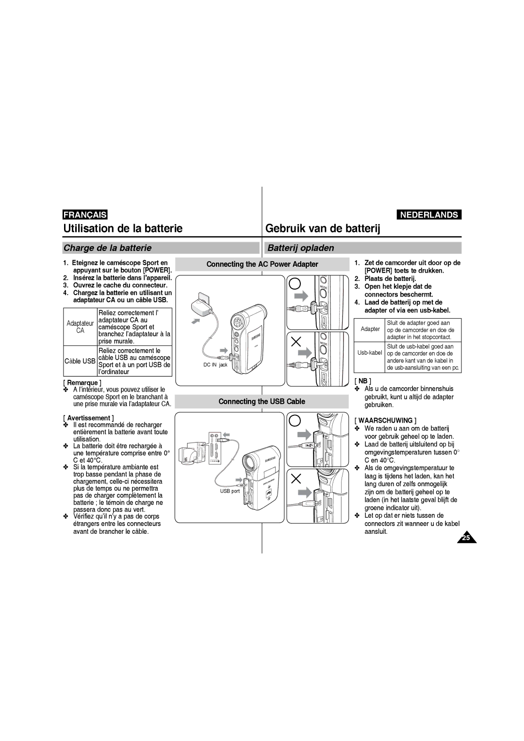 Samsung VP-X220L/XEF, VP-X210L/XEF manual Utilisation de la batterie, Batterij opladen, Plaats de batterij 