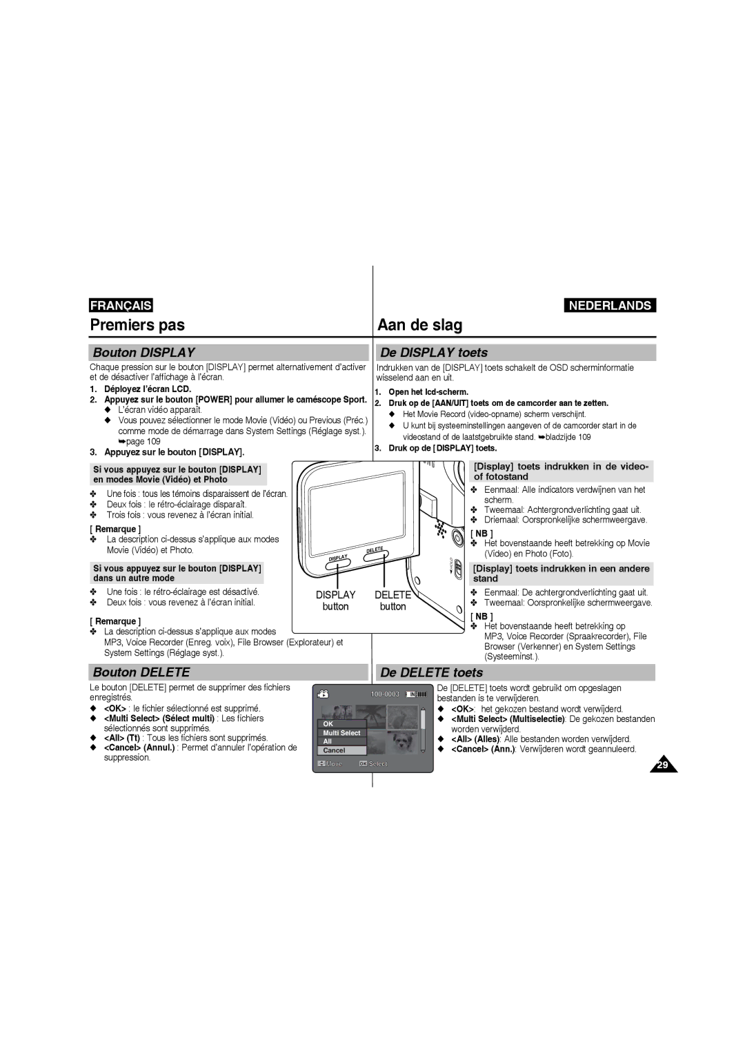 Samsung VP-X220L/XEF, VP-X210L/XEF manual Bouton Display De Display toets, Bouton Delete De Delete toets 