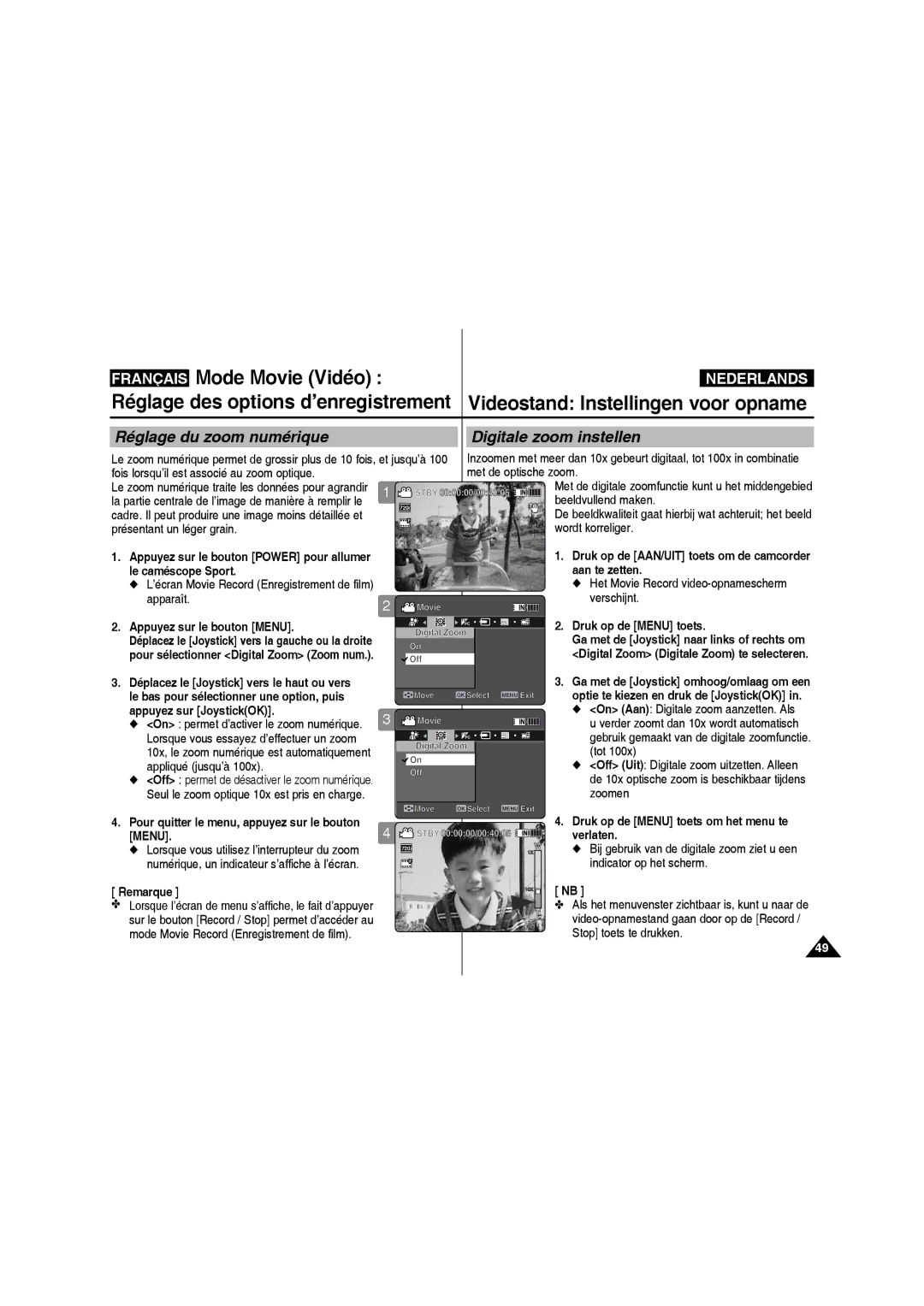 Samsung VP-X220L/XEF manual Réglage du zoom numérique Digitale zoom instellen, Numérique, un indicateur s’affiche à l’écran 