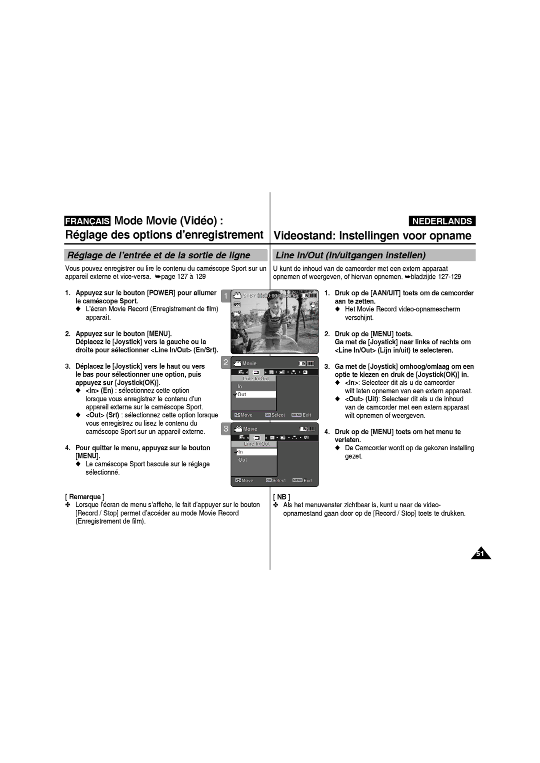 Samsung VP-X220L/XEF, VP-X210L/XEF manual Le caméscope Sport bascule sur le réglage sélectionné 