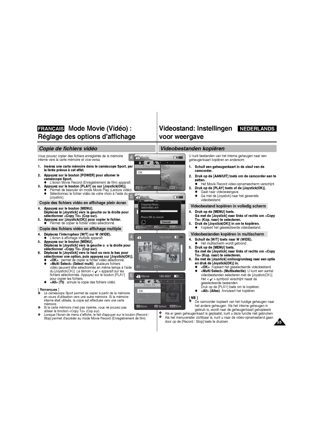 Samsung VP-X220L/XEF manual Copie de fichiers vidéo Videobestanden kopiëren, Videobestand kopiëren in volledig scherm 