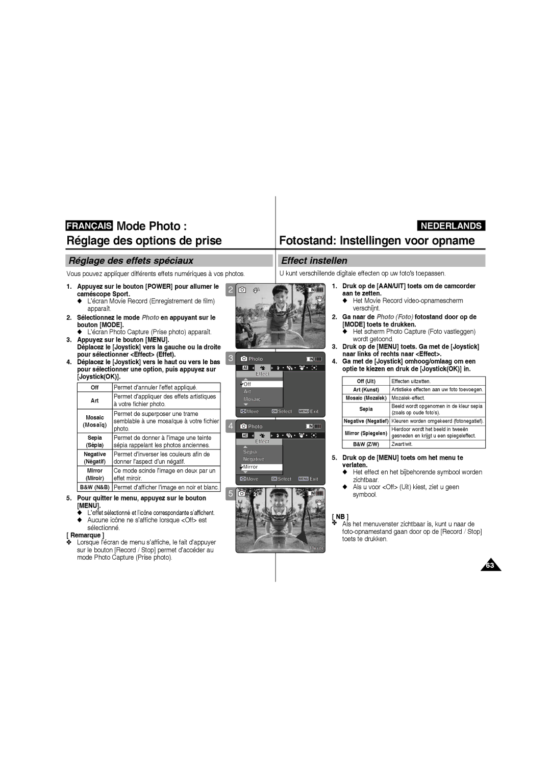 Samsung VP-X220L/XEF, VP-X210L/XEF manual Réglage des effets spéciaux Effect instellen, Caméscope Sport Aan te zetten 