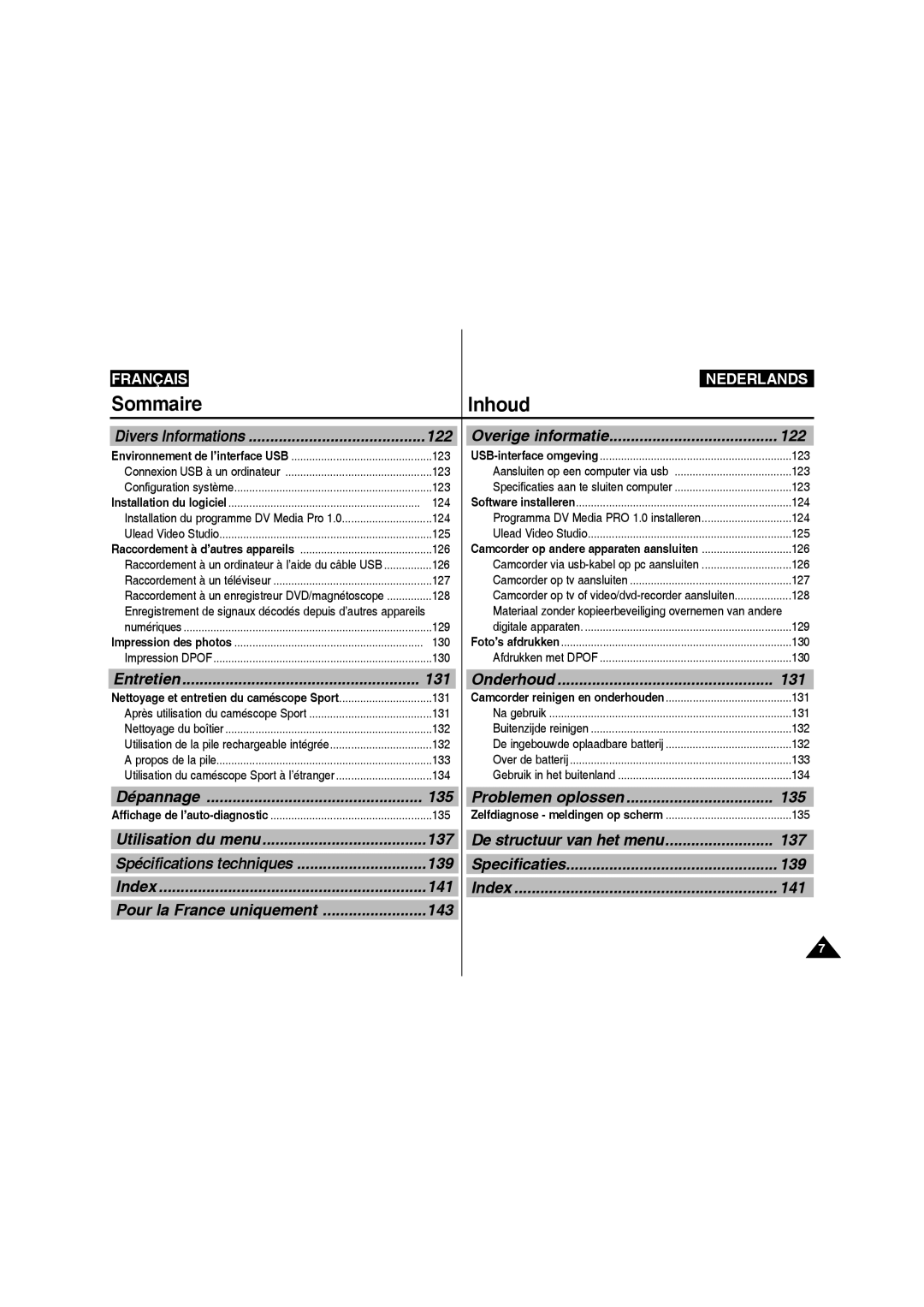 Samsung VP-X220L/XEF, VP-X210L/XEF manual 122, 131, 137, 139, 141, Pour la France uniquement 143 Problemen oplossen 135 