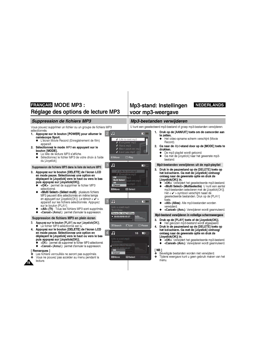 Samsung VP-X210L/XEF, VP-X220L/XEF manual Réglage des options de lecture MP3 Voor mp3-weergave 