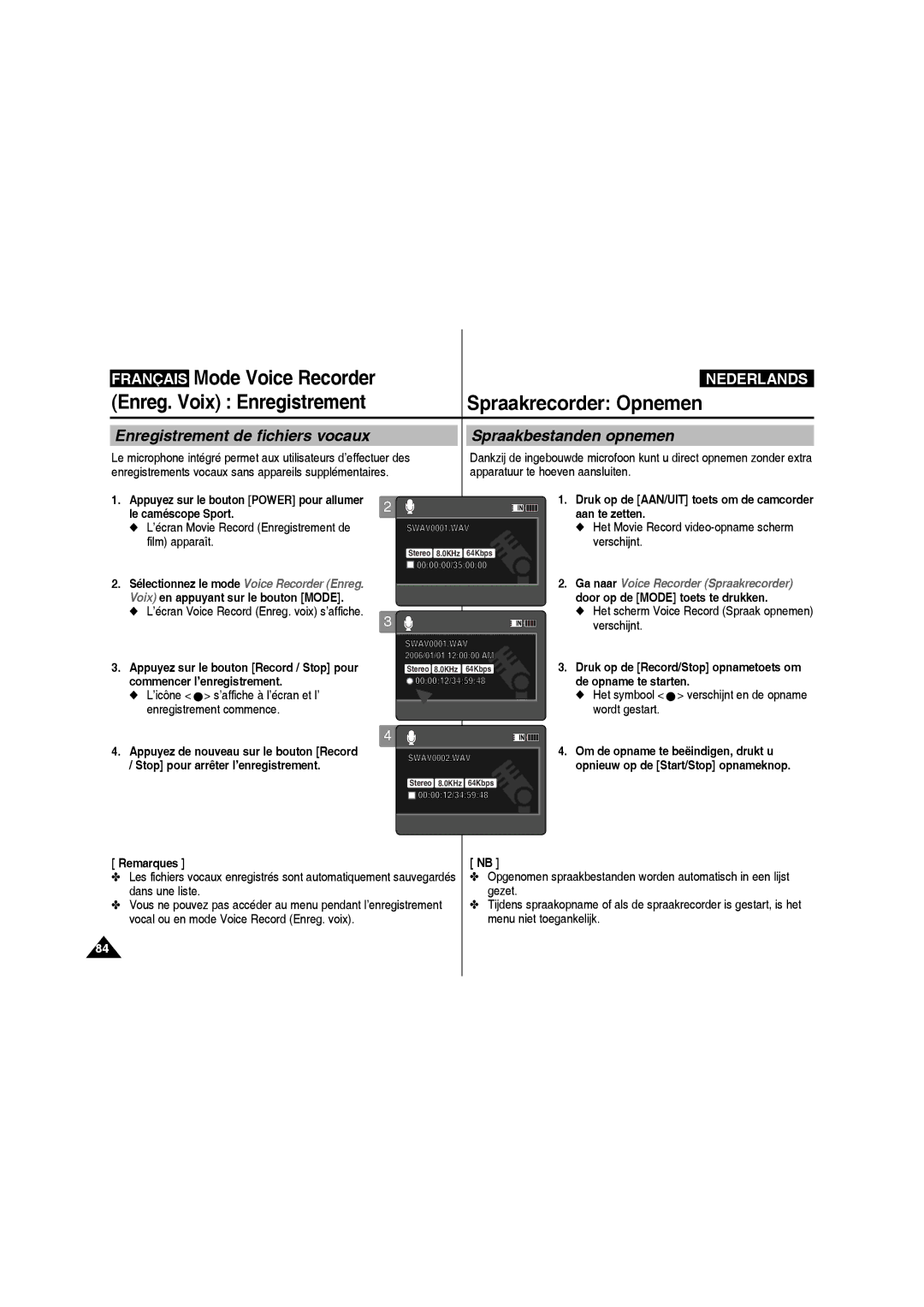 Samsung VP-X210L/XEF, VP-X220L/XEF manual Mode Voice Recorder, Enreg. Voix Enregistrement Spraakrecorder Opnemen 