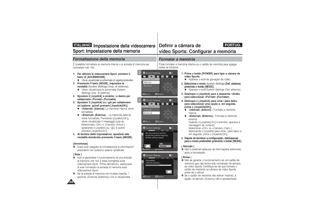 Samsung VP-X210L/XET, VP-X220L/XET manual Formattazione della memoria Formatar a memória, Avvertenza, Atenção 