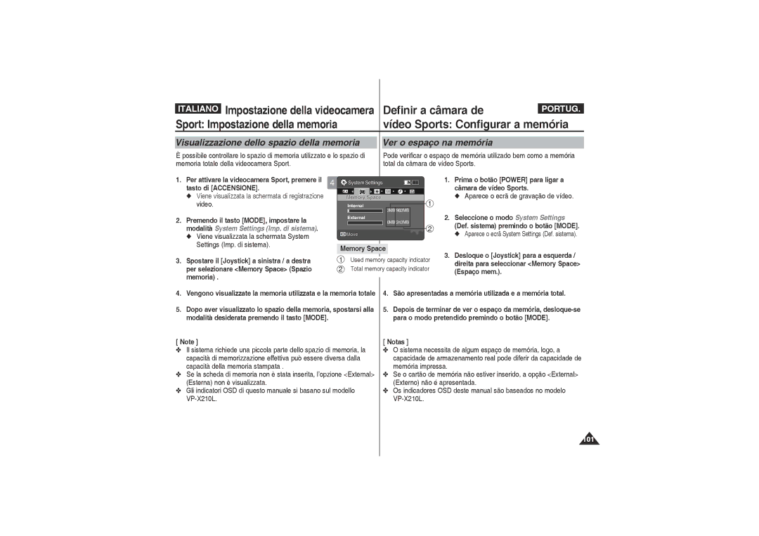 Samsung VP-X220L/XET, VP-X210L/XET manual Visualizzazione dello spazio della memoria, Ver o espaço na memória 