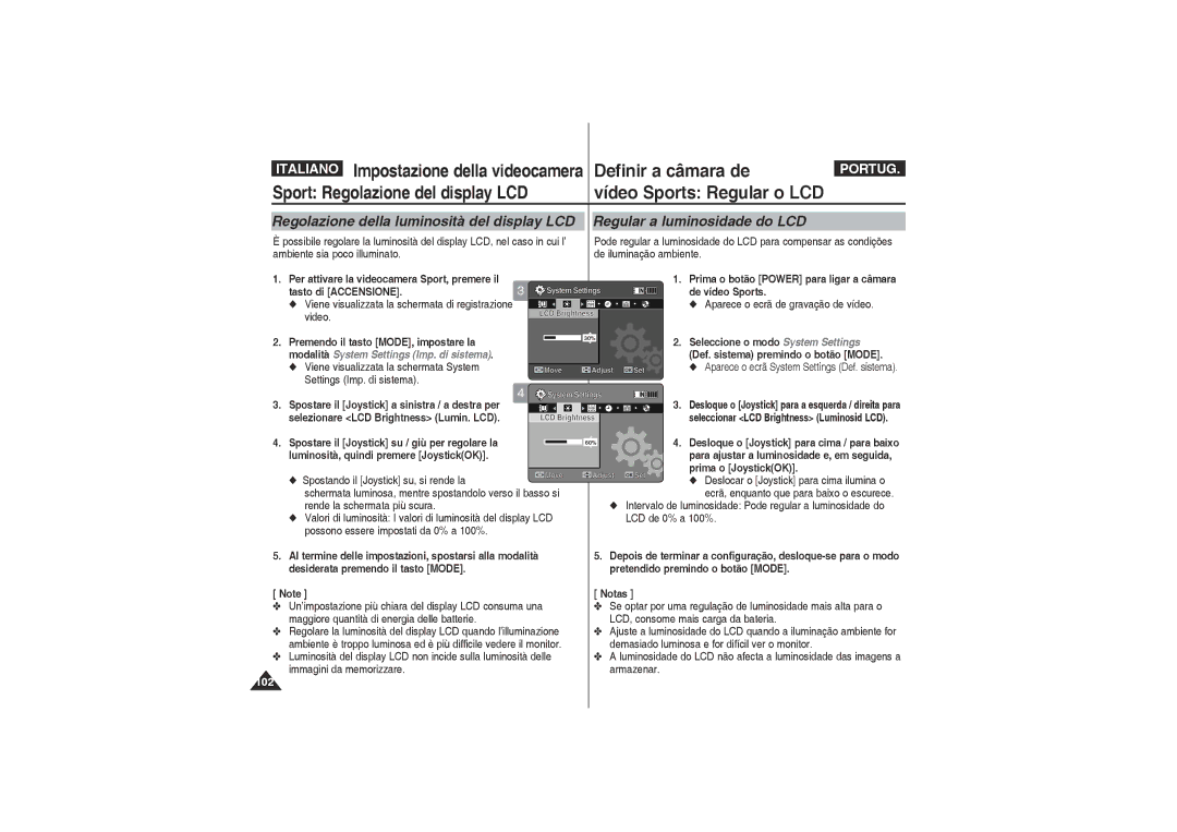 Samsung VP-X210L/XET, VP-X220L/XET manual Vídeo Sports Regular o LCD, Regolazione della luminosità del display LCD 