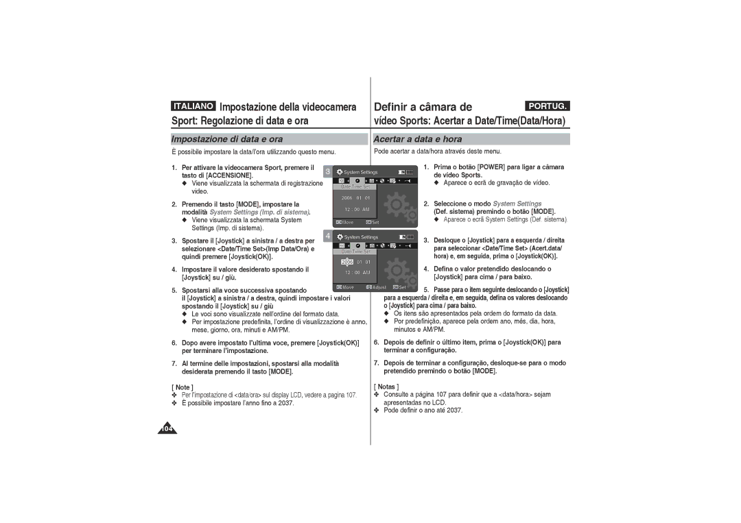 Samsung VP-X210L/XET manual Impostazione di data e ora Acertar a data e hora, Spostarsi alla voce successiva spostando 