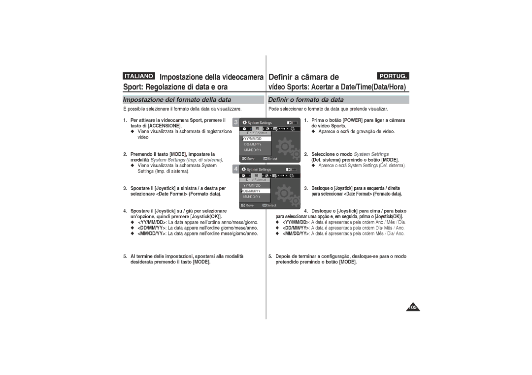 Samsung VP-X220L/XET, VP-X210L/XET manual Impostazione del formato della data, Definir o formato da data 